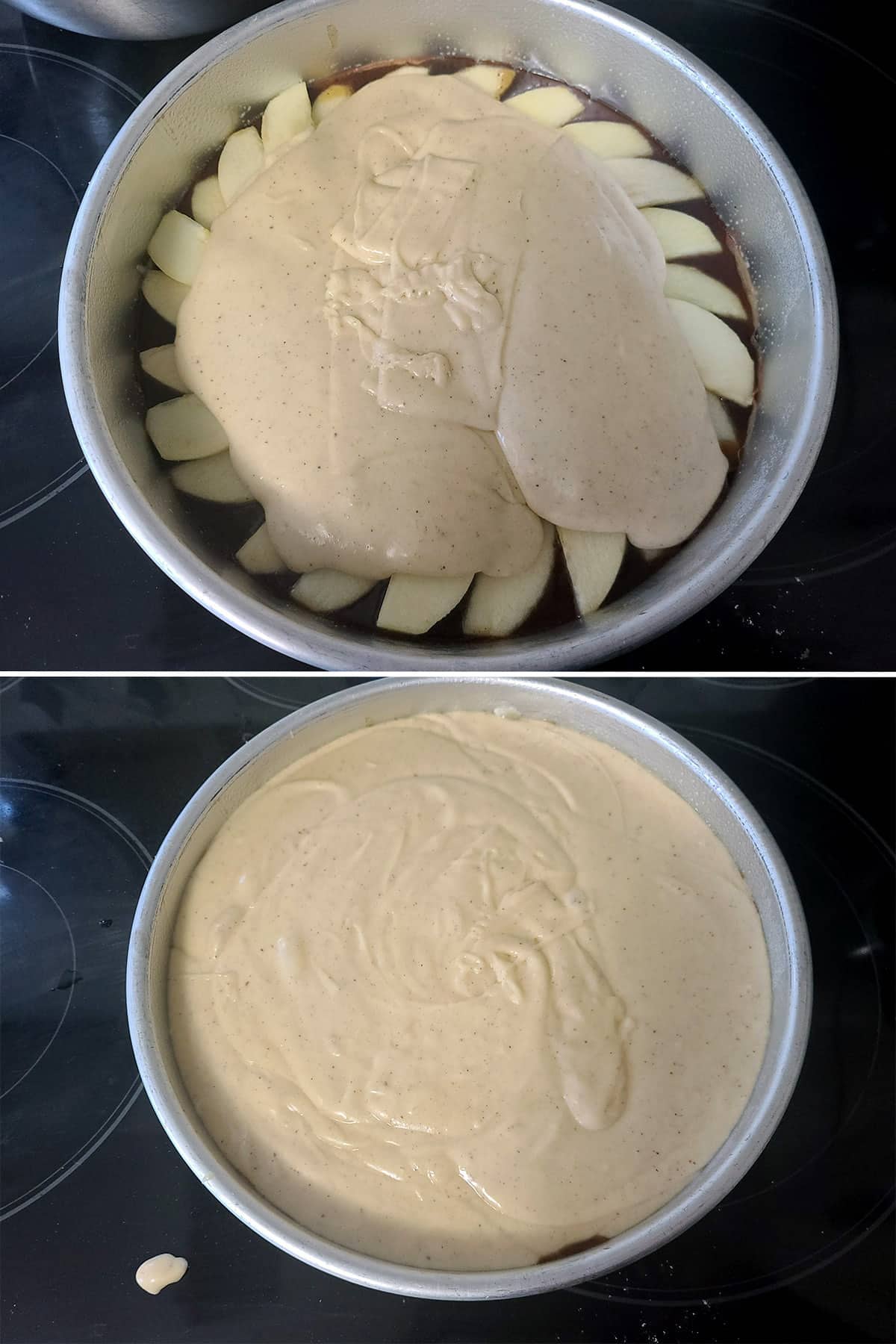 A 2 part image showing the batter being poured over the apple slices.
