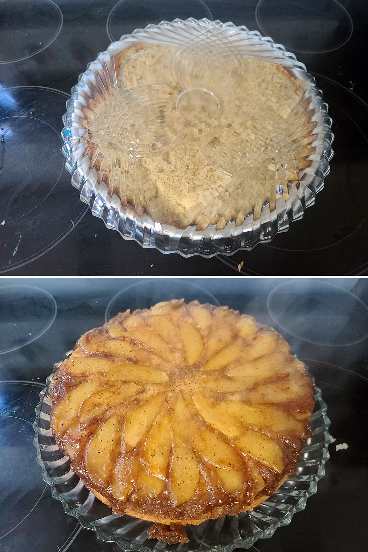 A 2 part image showing a glass plate being inverted over the cake pan, and the cake turned out onto the plate.
