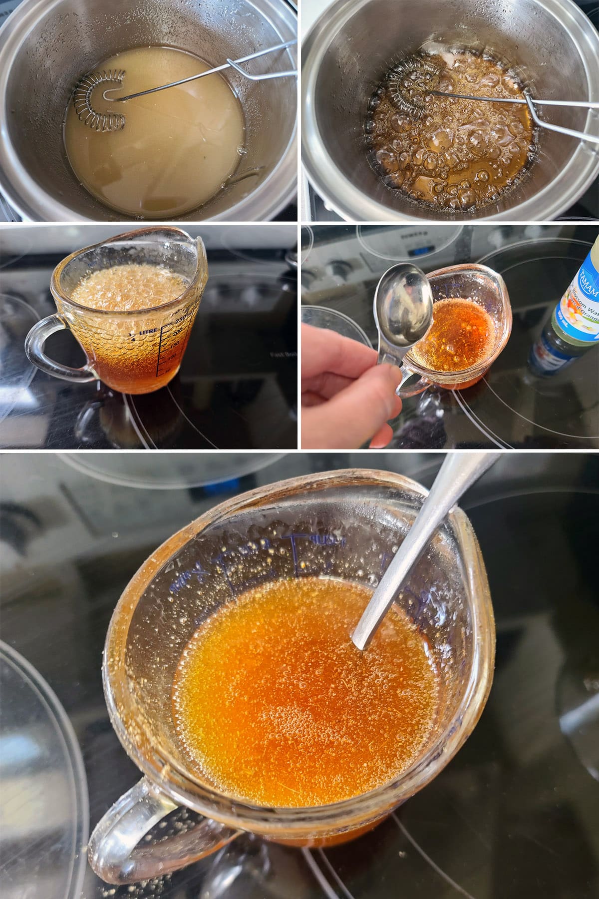 A 5 part image showing the honey syrup being made.