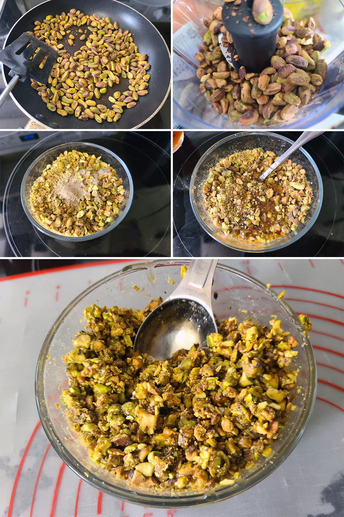 A 5 part image showing the pistachios being toasted, chopped, and mixed with the syrup and cardamom.