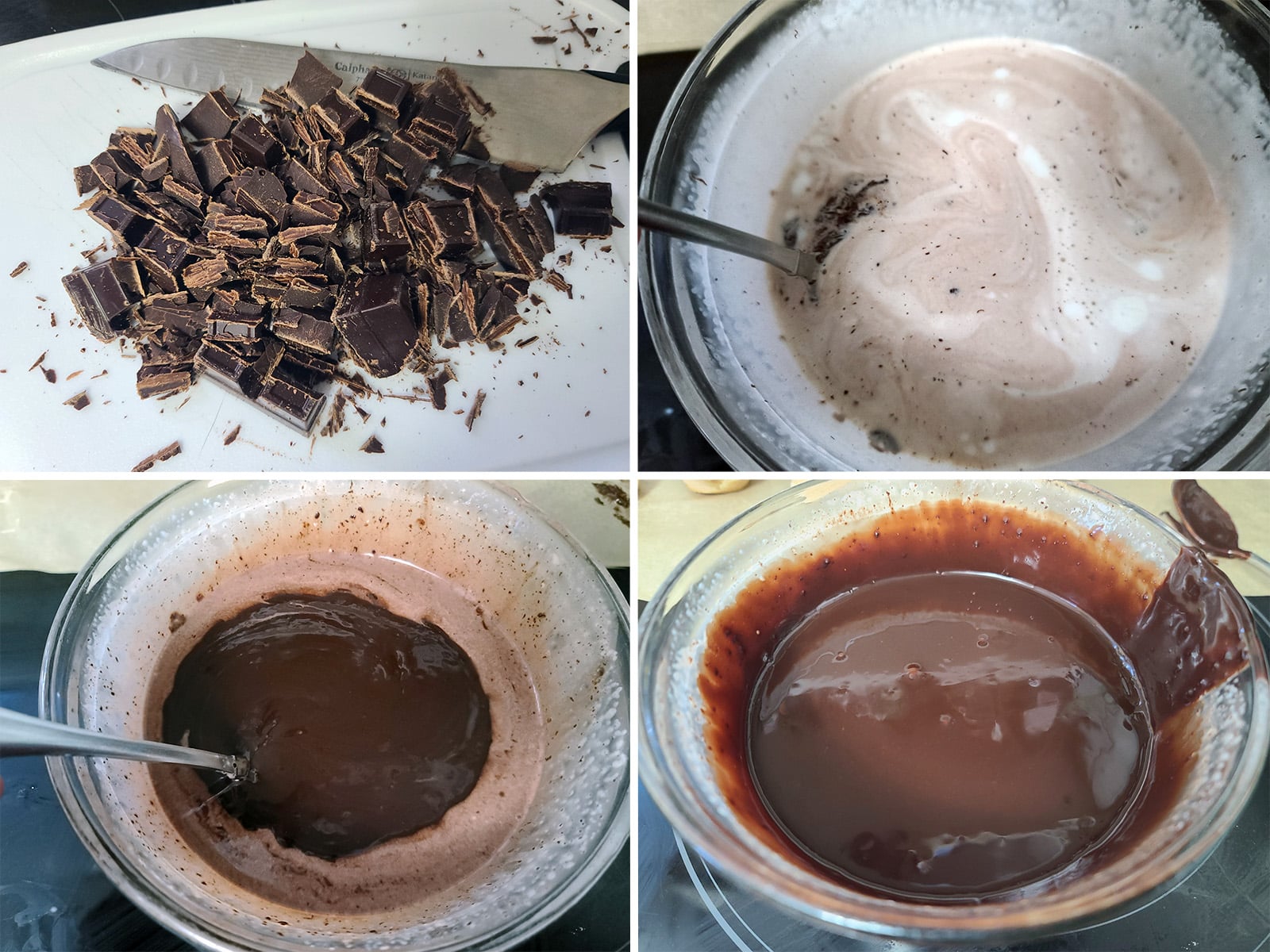 A 4 part image showing the chocolate glaze being made.