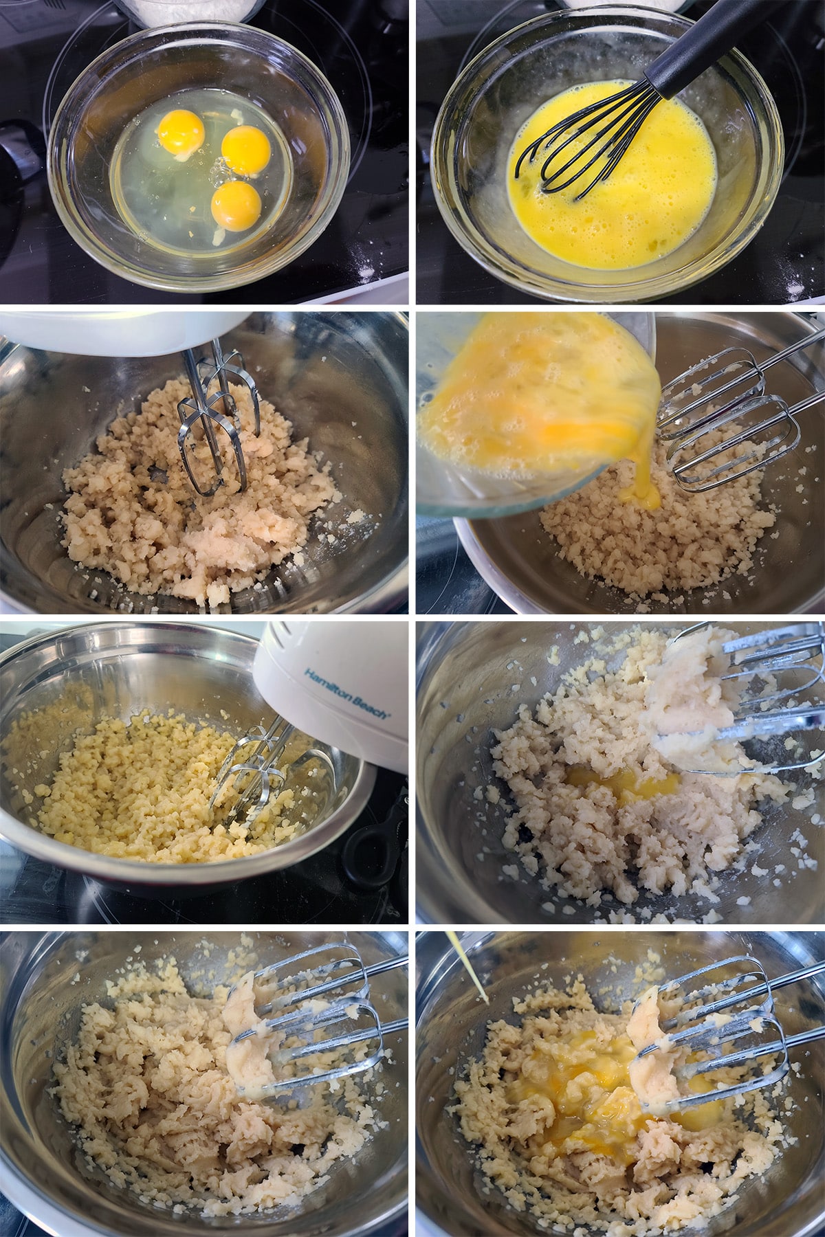 An 8 part image showing the eggs being whisked and added a bit at a time to the dough.