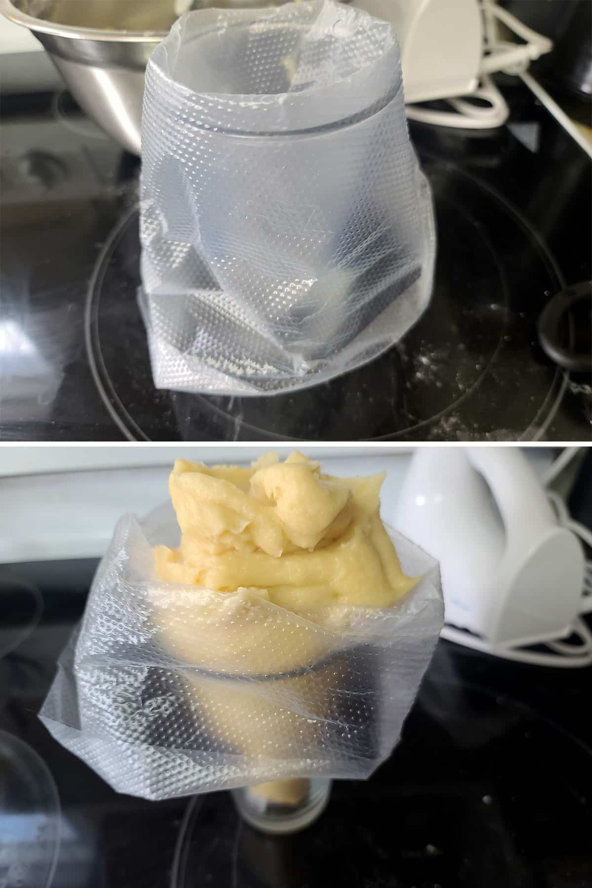 A 2 part image showing the choux dough being spooned into a large pastry bag.