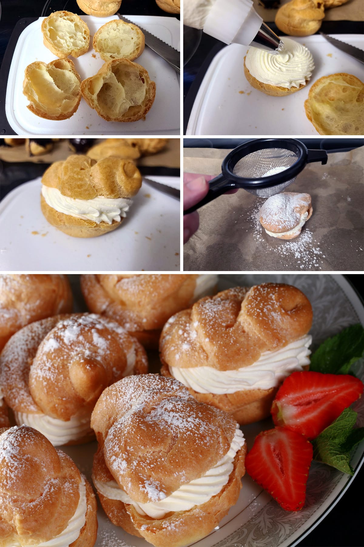 A 5 part image showing the choux pastry being cut, filled, and dusted with powdered sugar.