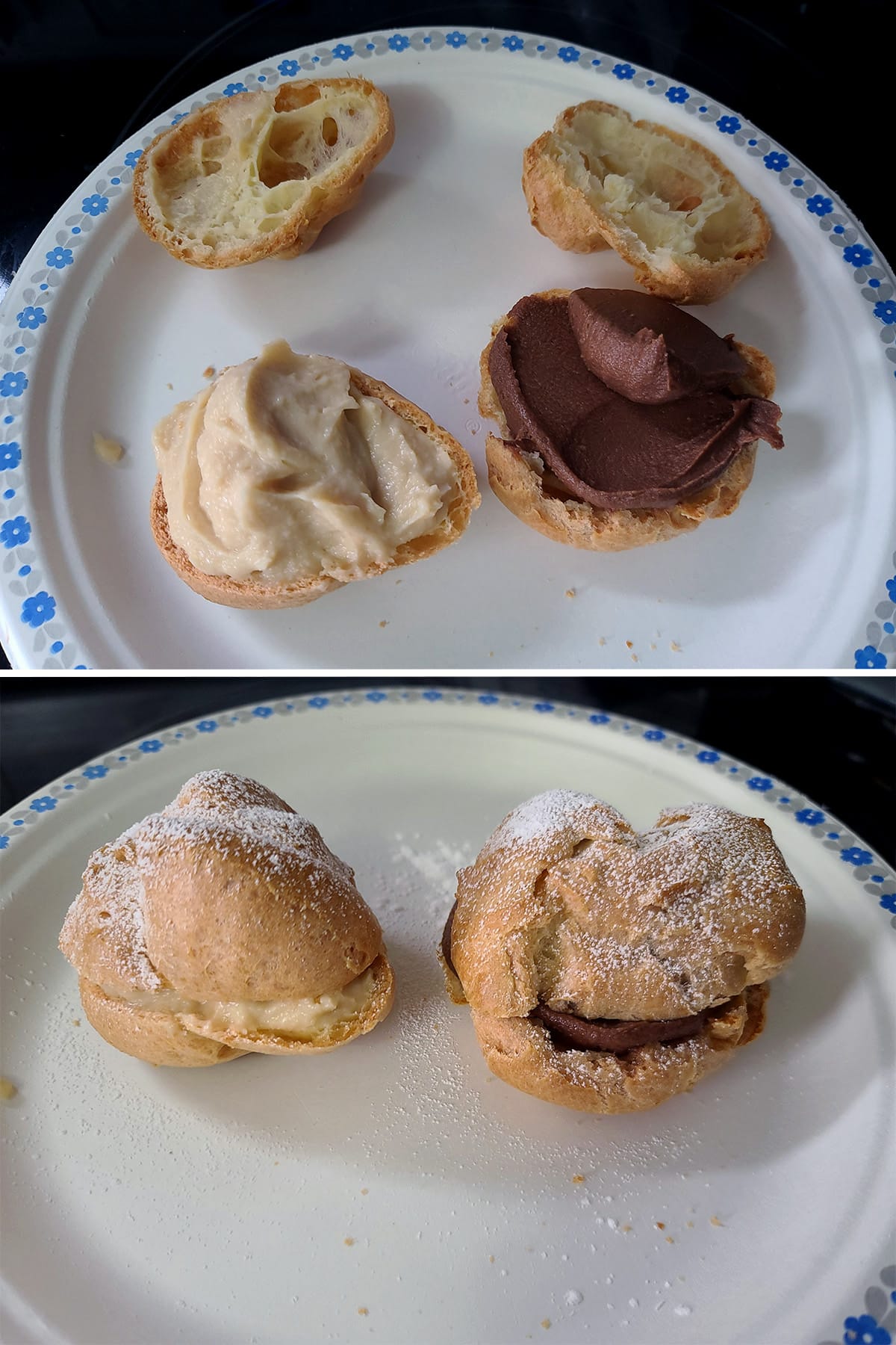 2 cream puffs on a paper plate, one has a chocolate filling, the other has Irish cream.