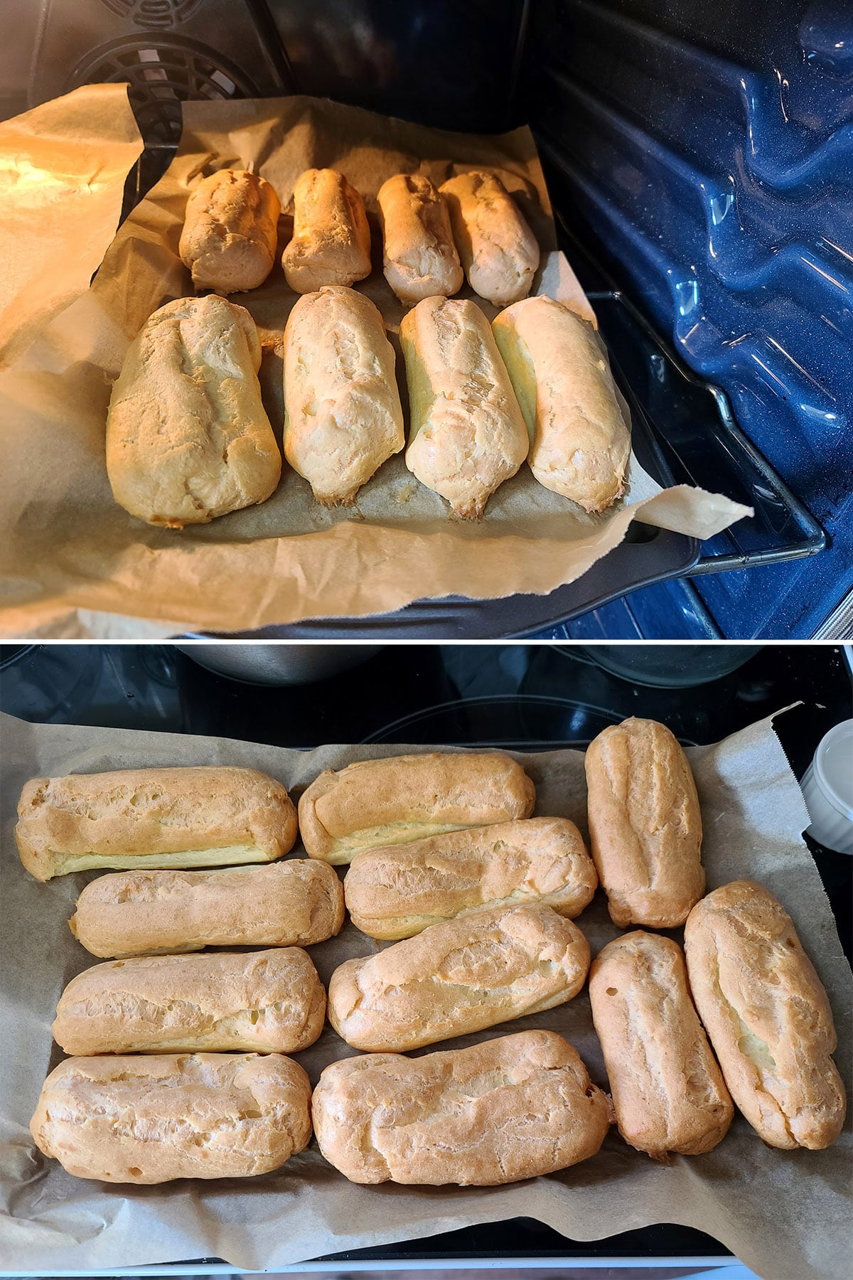 A 2 part image showing baking eclair buns, and a pan of baked eclair shells out of the oven.