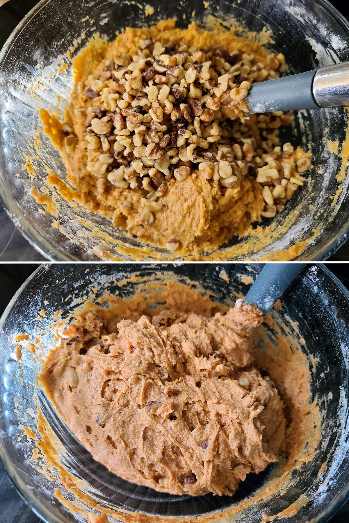 A 2 part image showing the walnuts being mixed into the pumpkin bread batter.