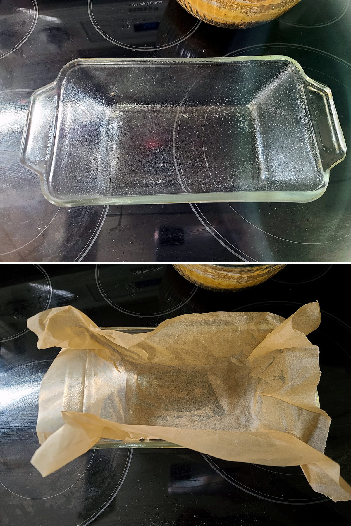 A 2 part image showing a greased loaf pan being lined with parchment paper.