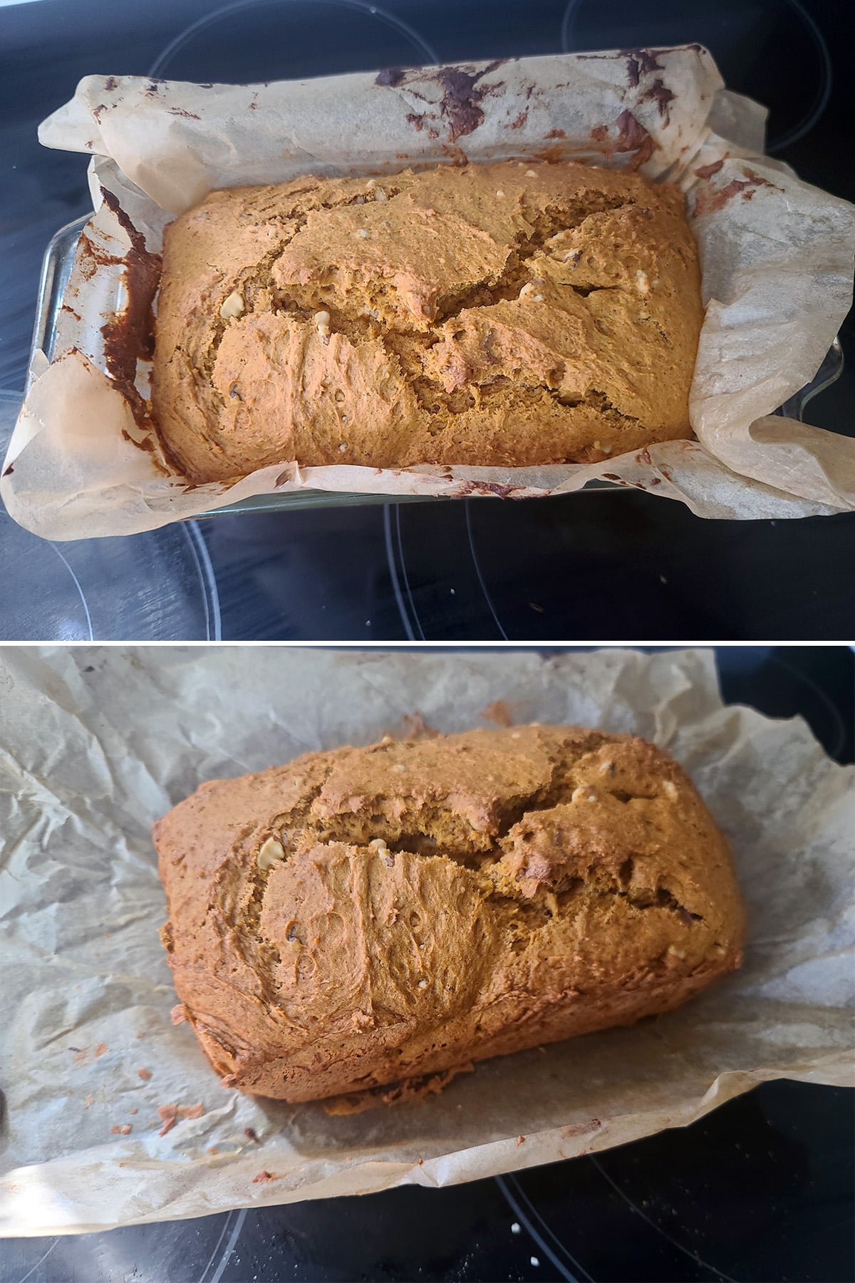 A 2 part image showing the pumpkin bread being taken out of the parchment paper.