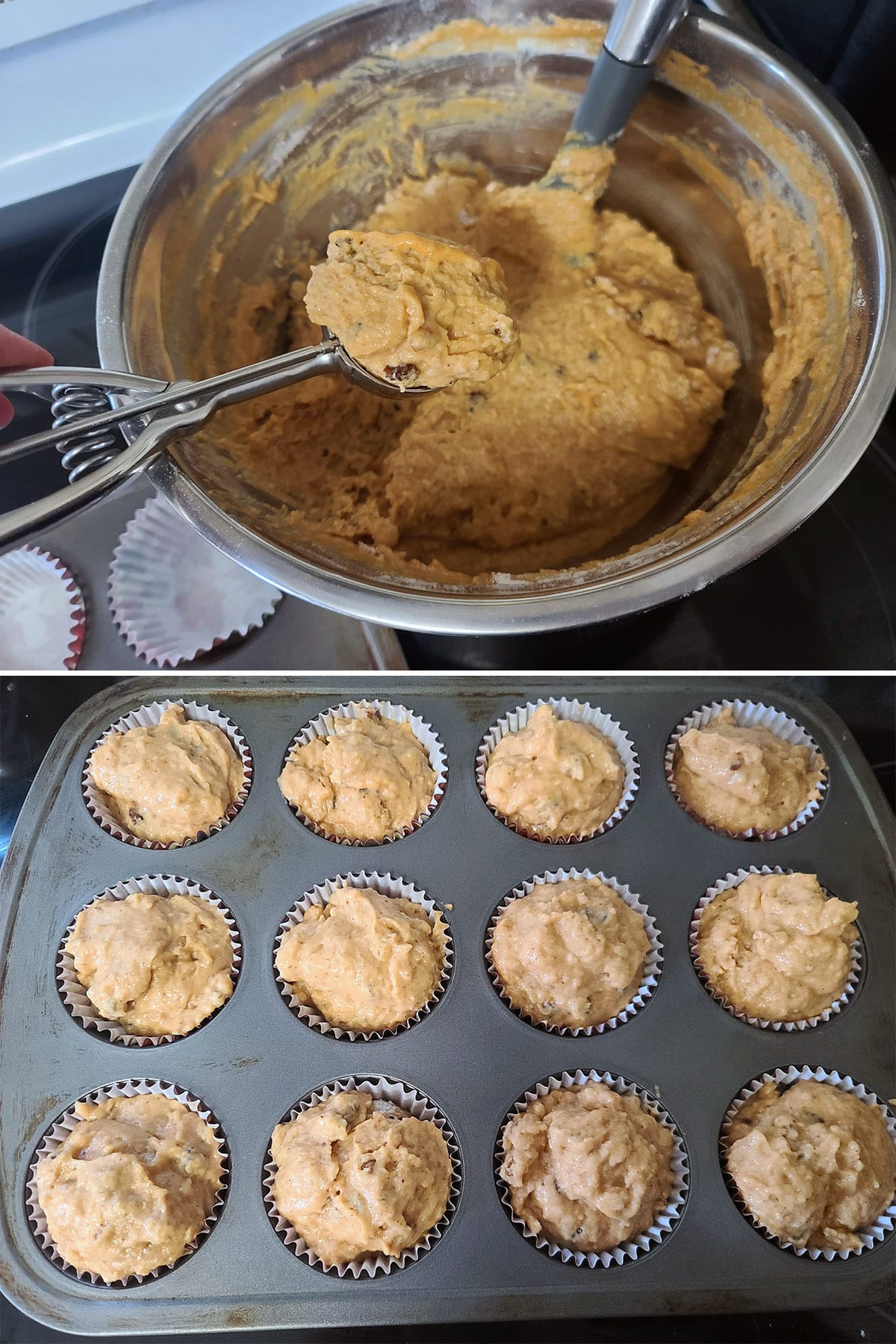 A 2 part image showing a cookie scoop being used to scoop muffin batter into the prepared pan.