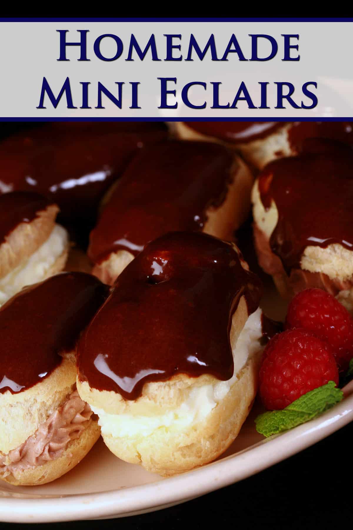 A plate of mini eclairs with chocolate and vanilla fillings and chocolate glaze.