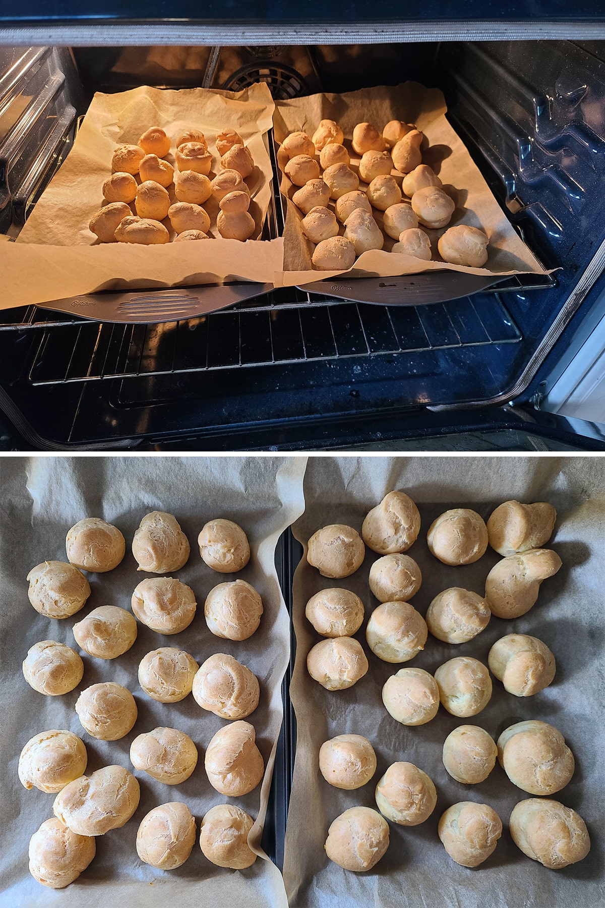 A 2 part image showing the profiterole shells during and after baking.
