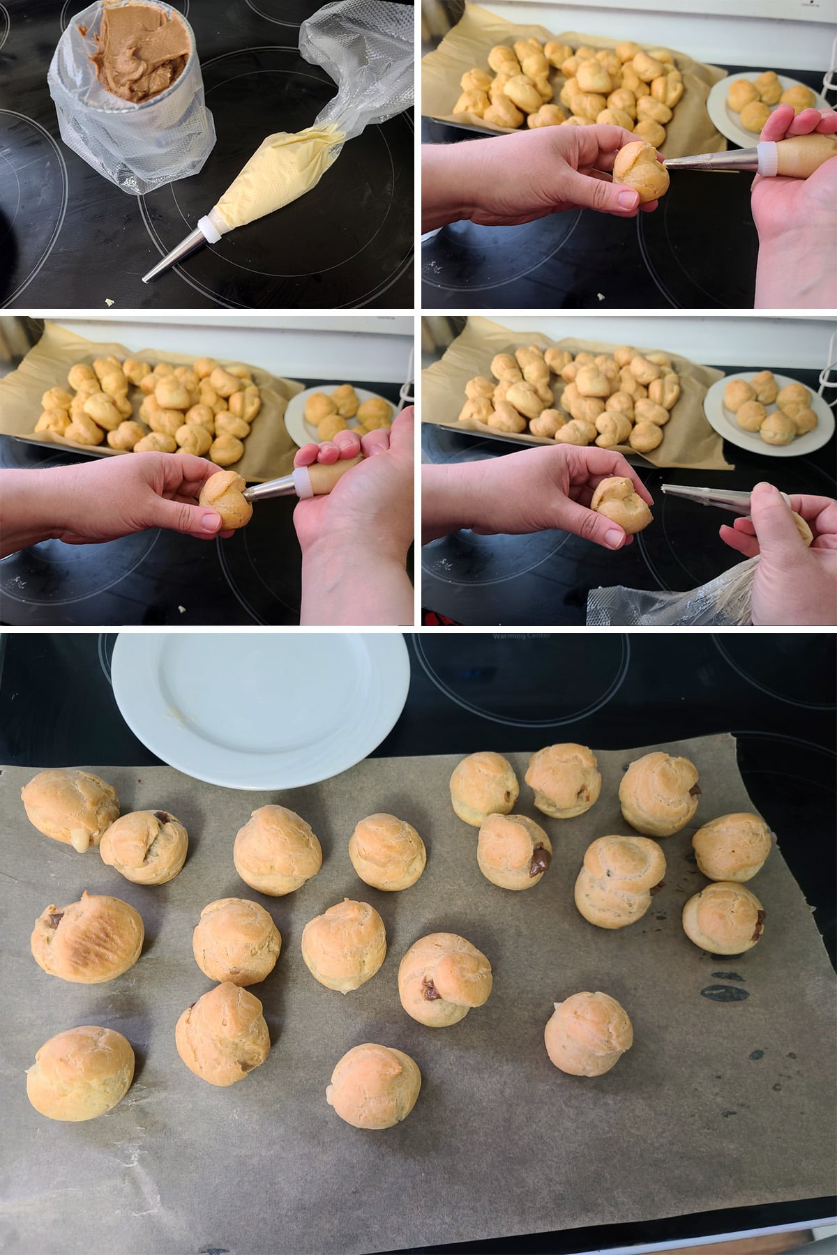 A 5 part image showing a pastry bag being used to fill profiterole shells.