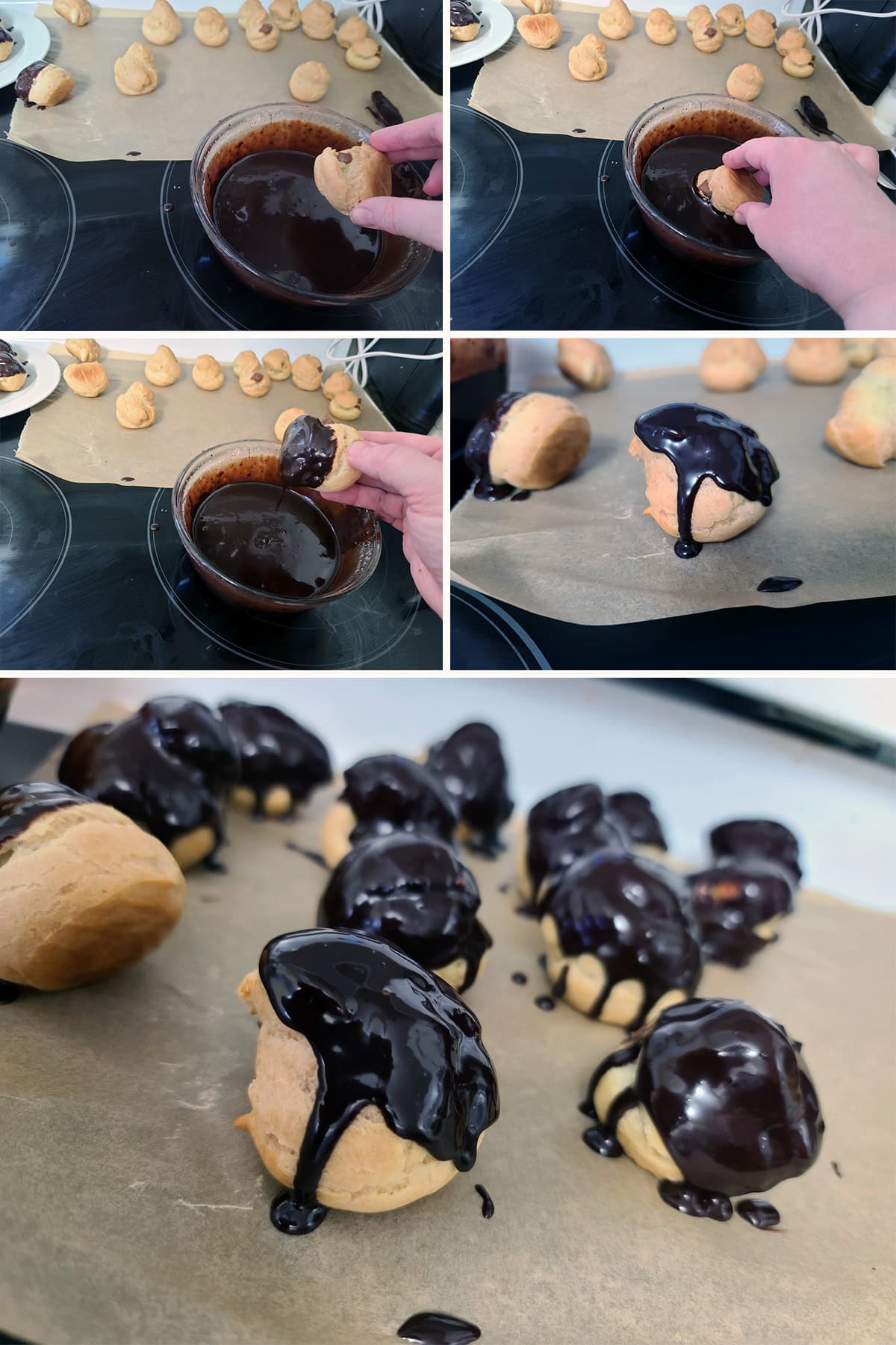 A 5 part image showing filled profiteroles being dipped in chocolate.