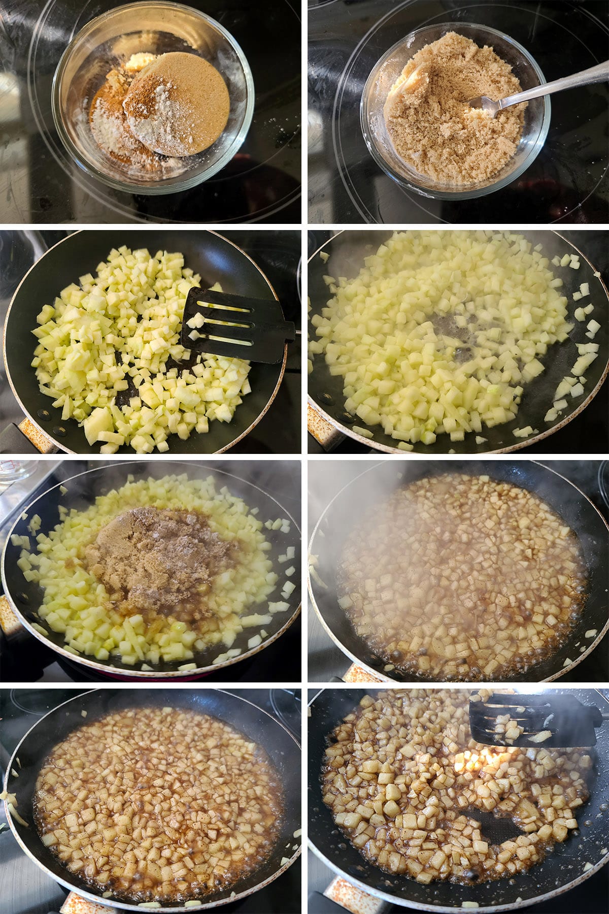 An 8 part image showing the apple pie filling being made.