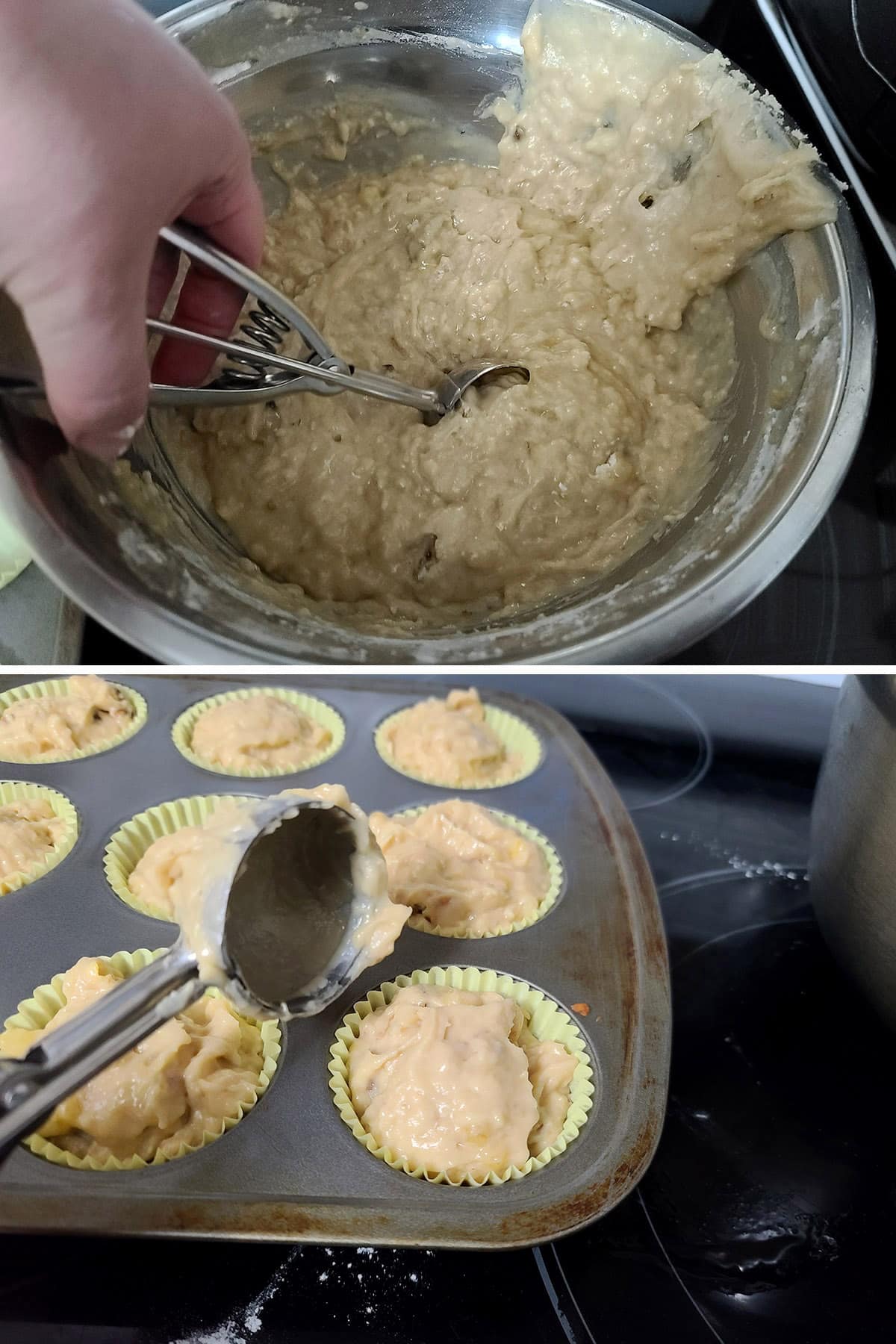 A 2 part image showing the batter being scooped into the muffin pan.