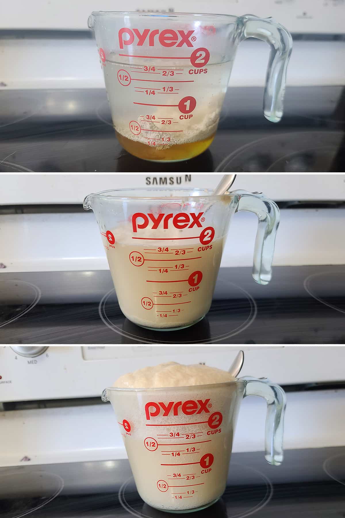 A 3 part image showing the yeast and water being mixed and allowed to bubble up