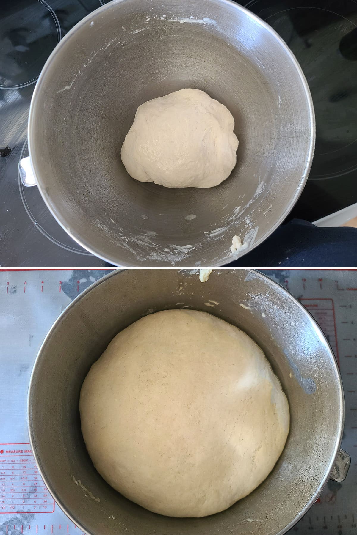 A 2 part image showing the ball of dough before and after doubling in size.