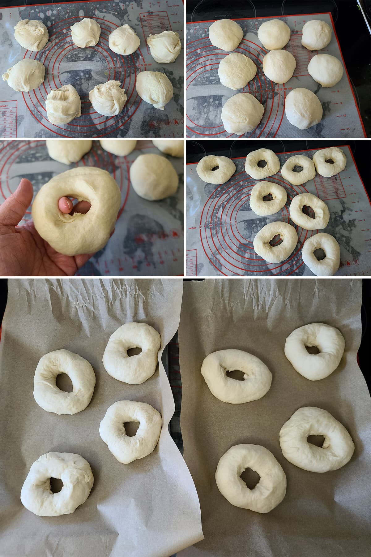 A 6 part image showing the bagel dough being divided and formed into rings.