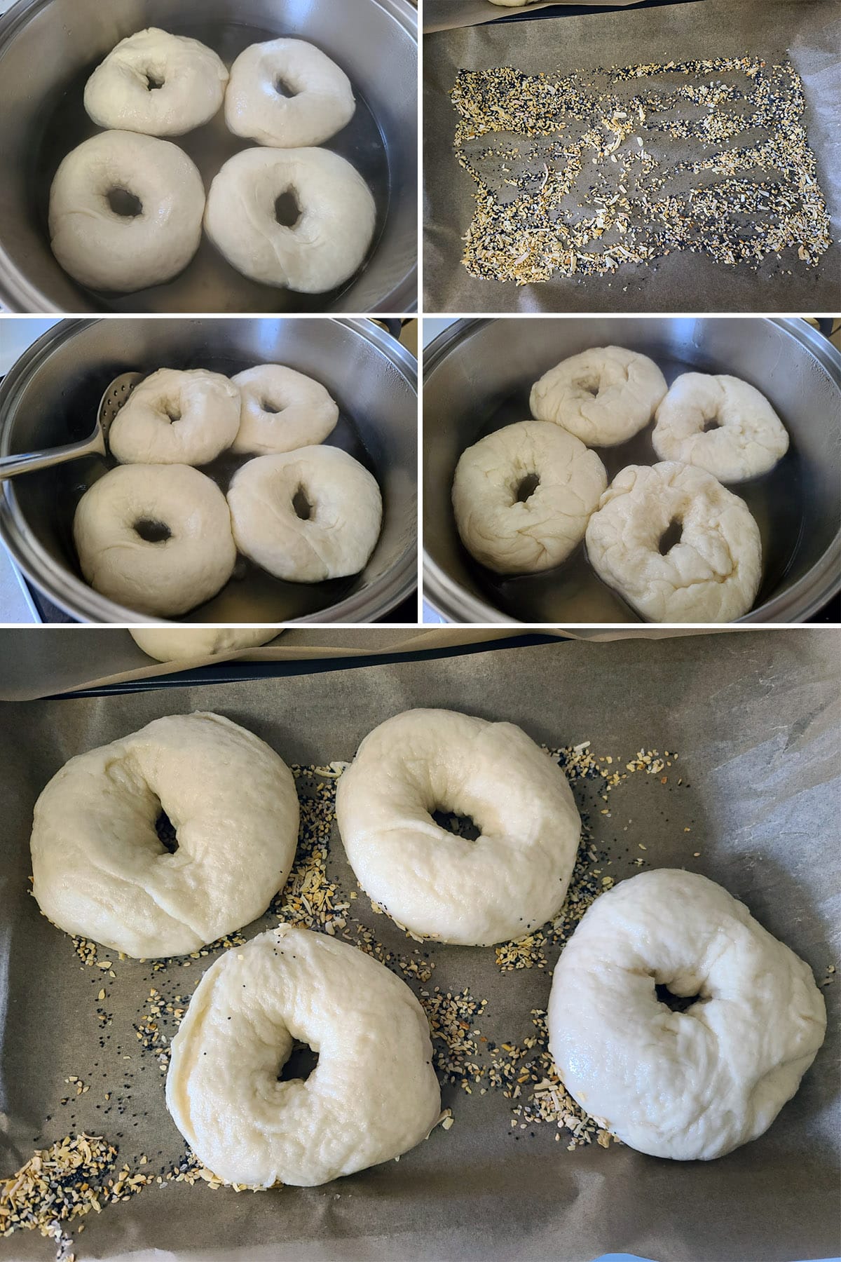 A 5 part image showing bagels being boiled and arranged on a pan.