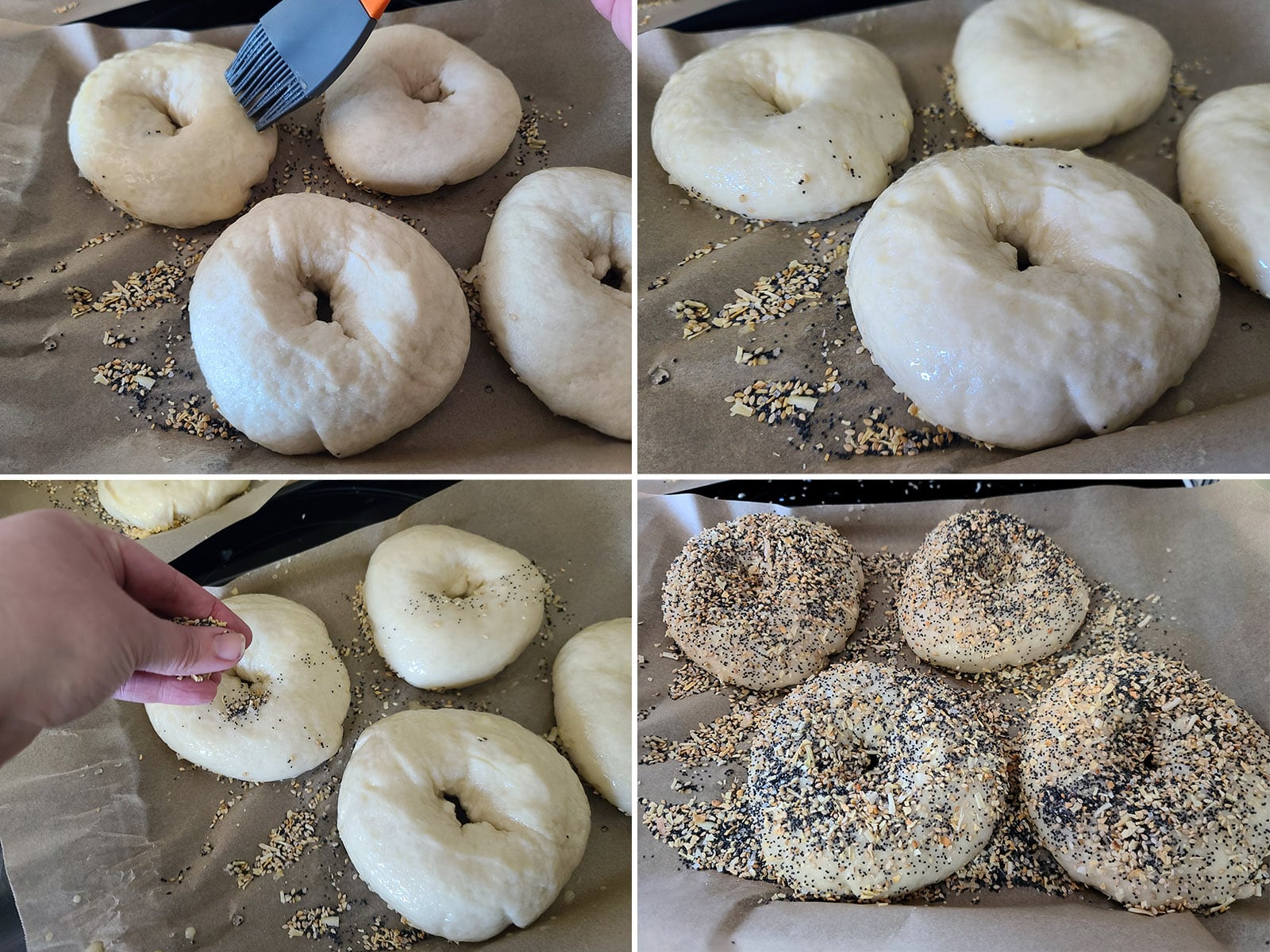 A 4 part image showing the bagels being brushed with egg wash and sprinkled with everything seasoning.