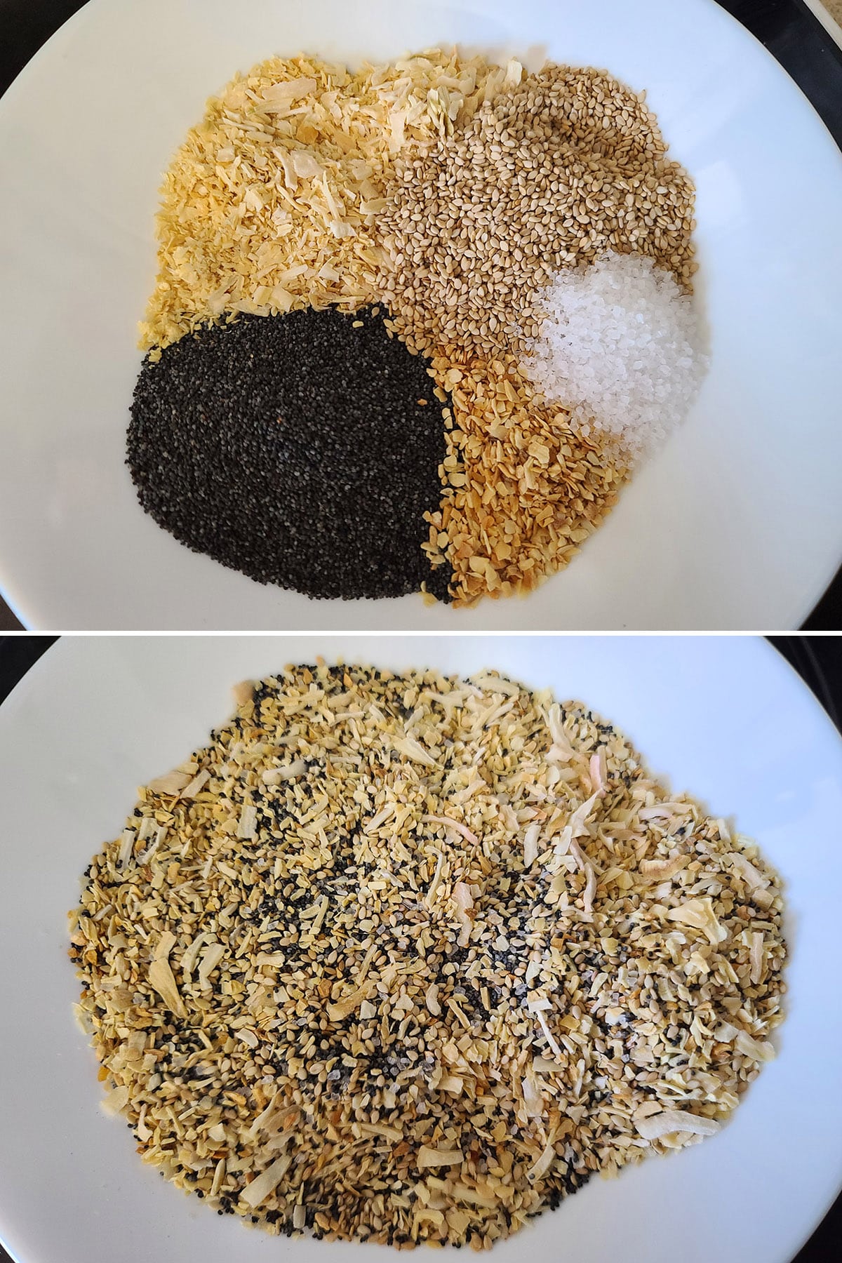 A 2 part image showing the everything seasoning being mixed together.
