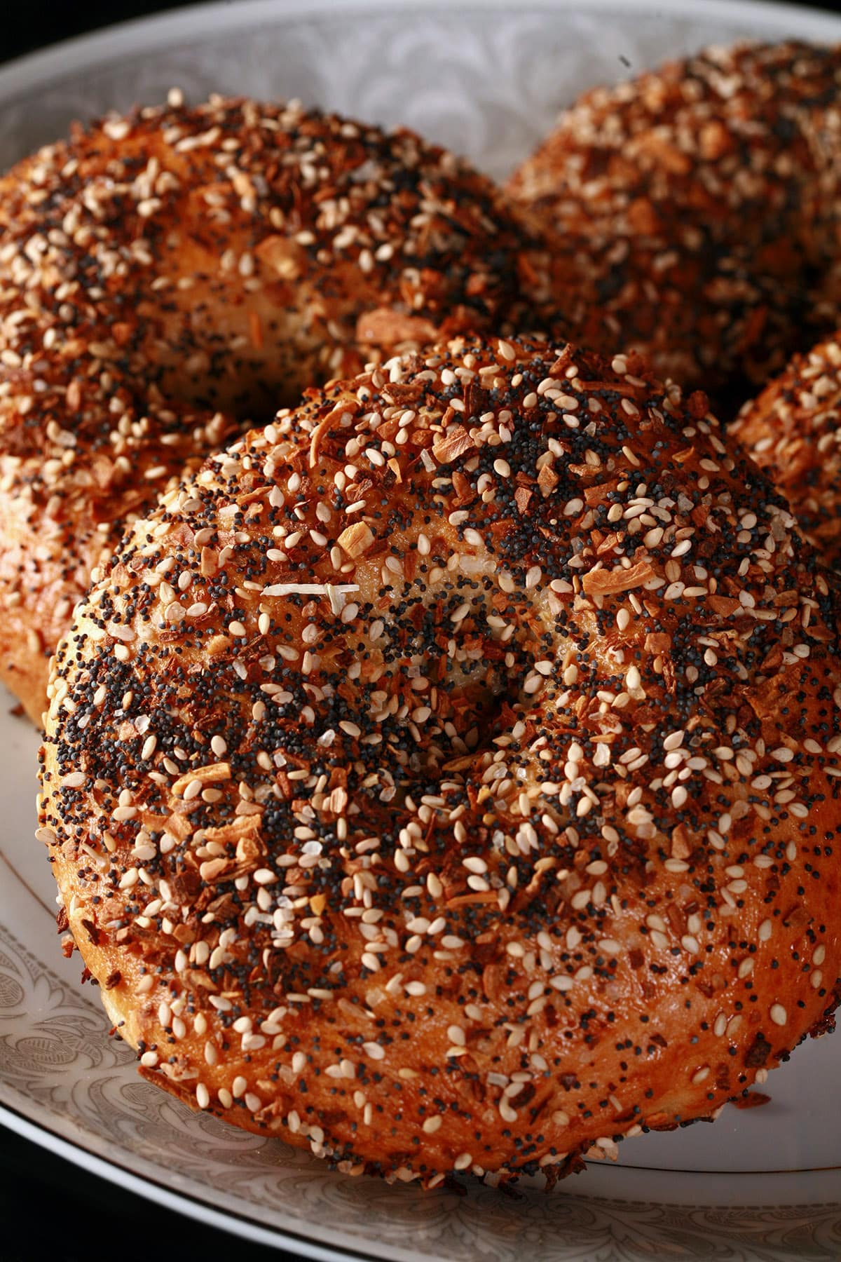 A plate of homemade everything seasoned bagels.