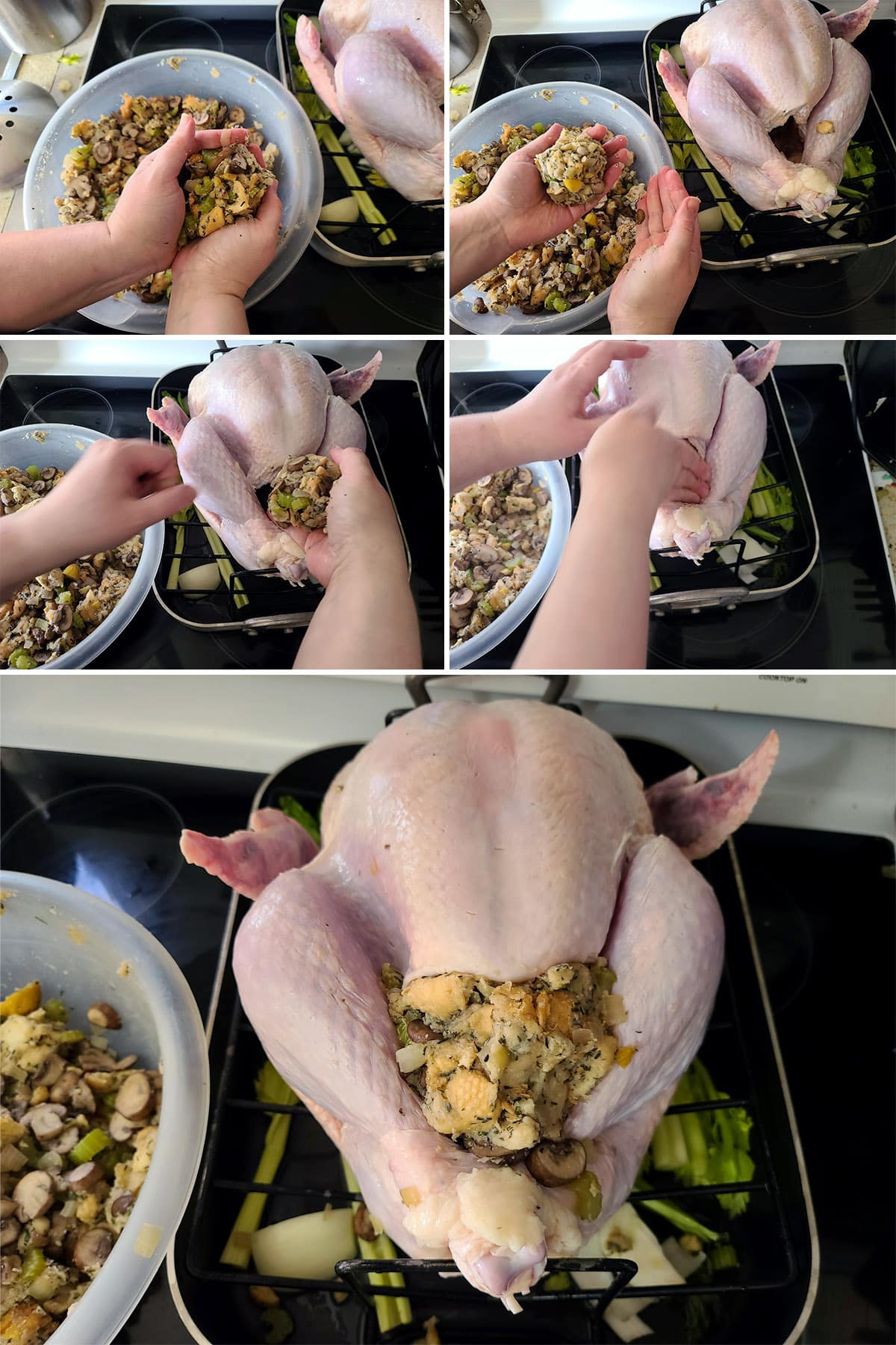 A 5 part image showing a raw turkey being stuffed.