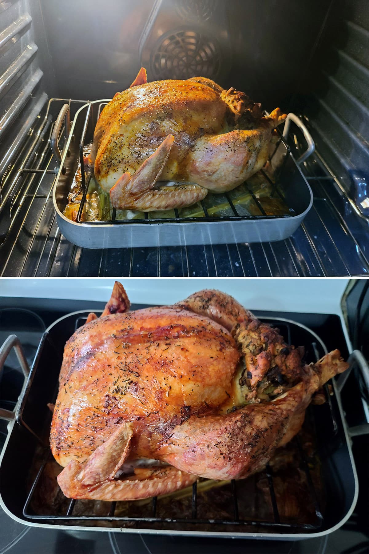 A 2 part image showing the roasted turkey in the oven and on the stove top, after roasting.