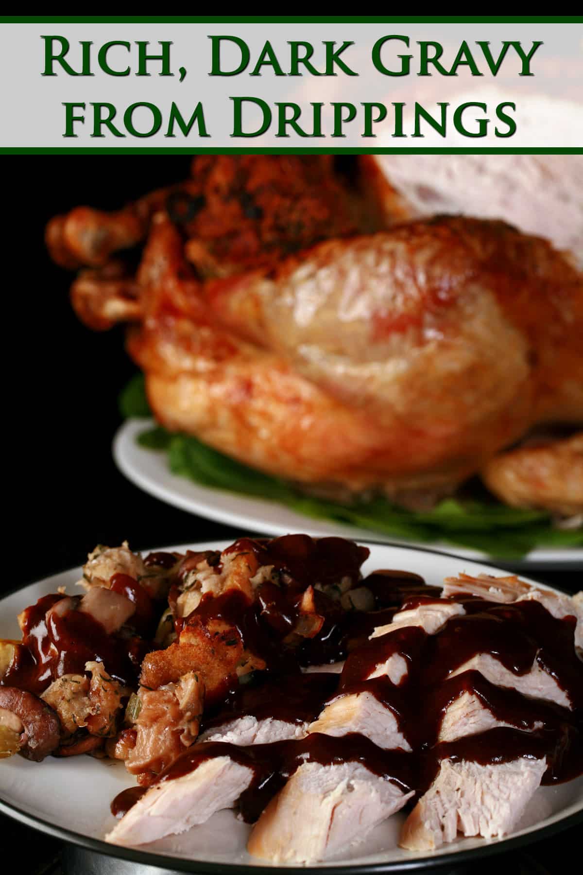 .A plate of turkey and stuffing drizzled with a rich dark turkey gravy in front of a roasted stuffed turkey.