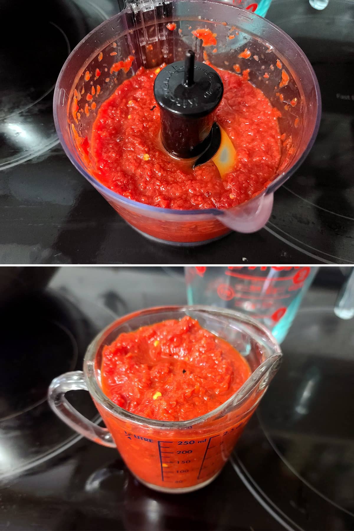 A 2 part image showing roasted red pepper puree in a mini food processor, then a measuring cup.