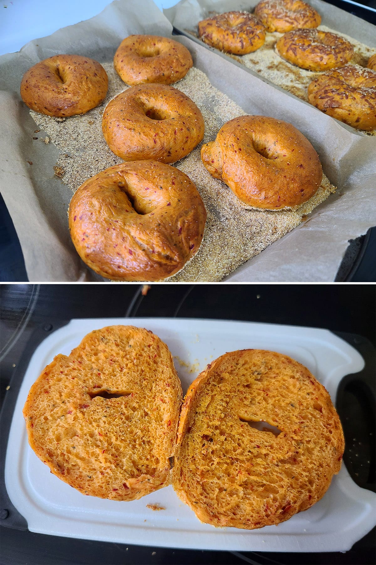 A 2 part image showing a tray of baked red pepper bagels, and one split open.