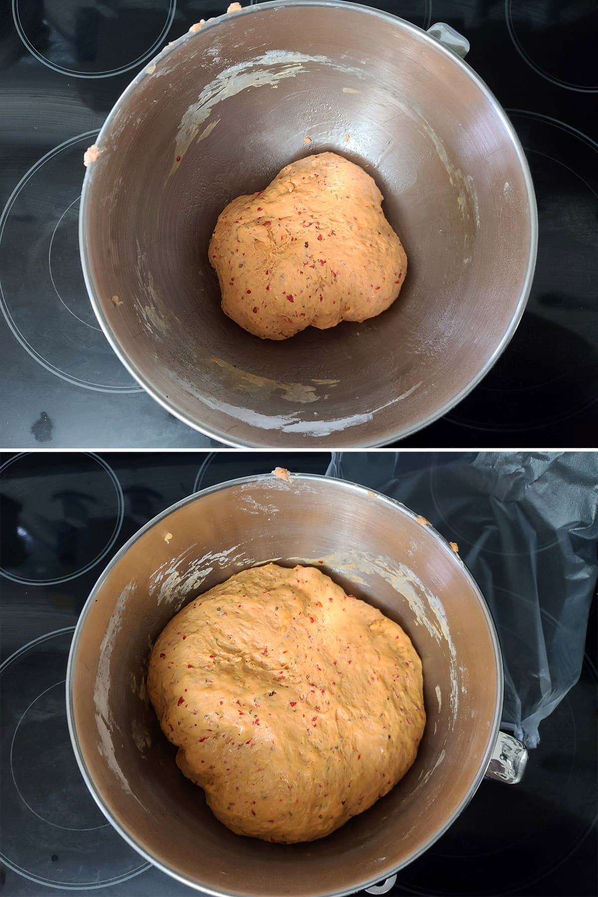A 2 part image showing the dough before and after rising and doubling in size.