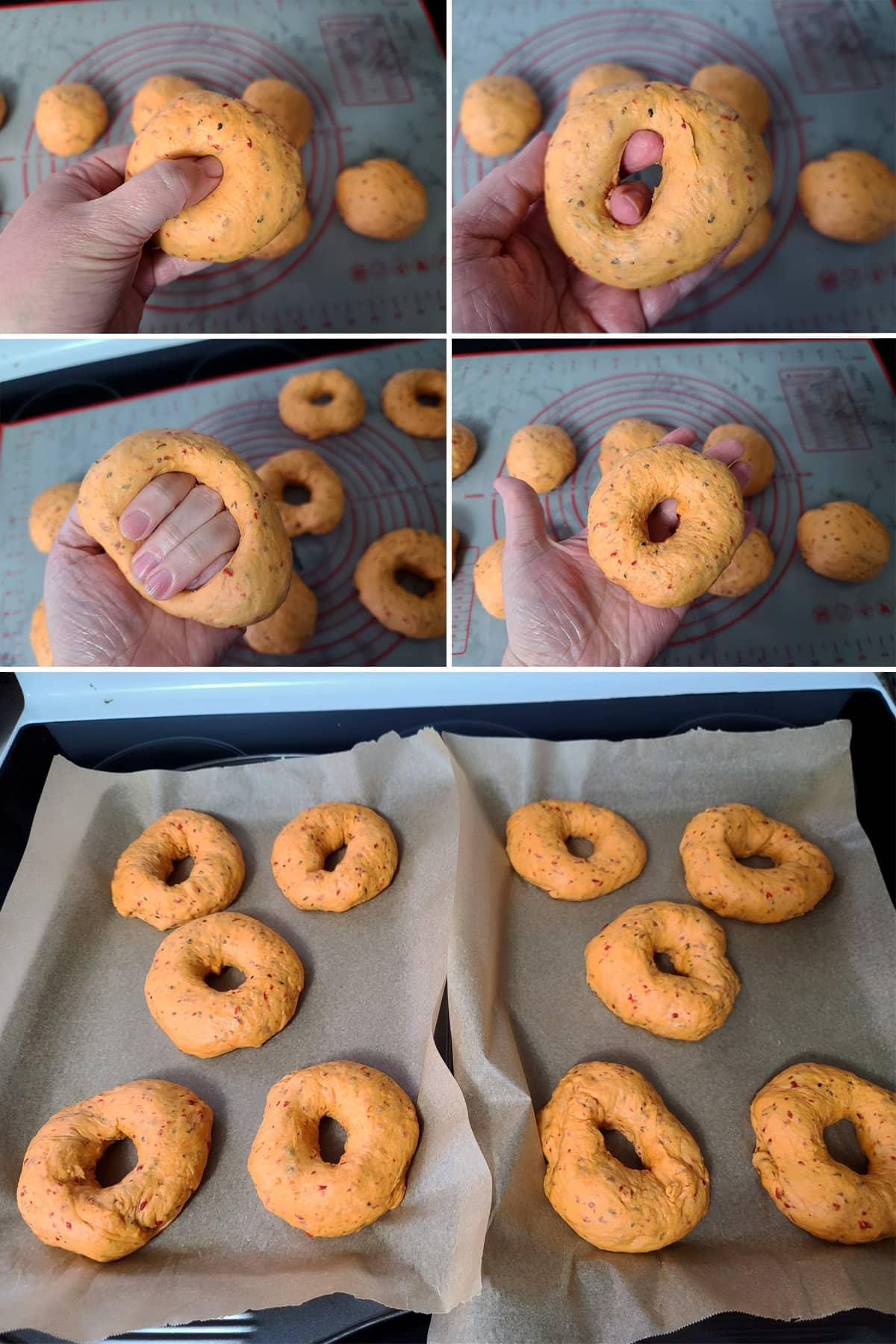 A 5 part image showing a dough ball being formed into a bagel and added to a pan of formed bagels.