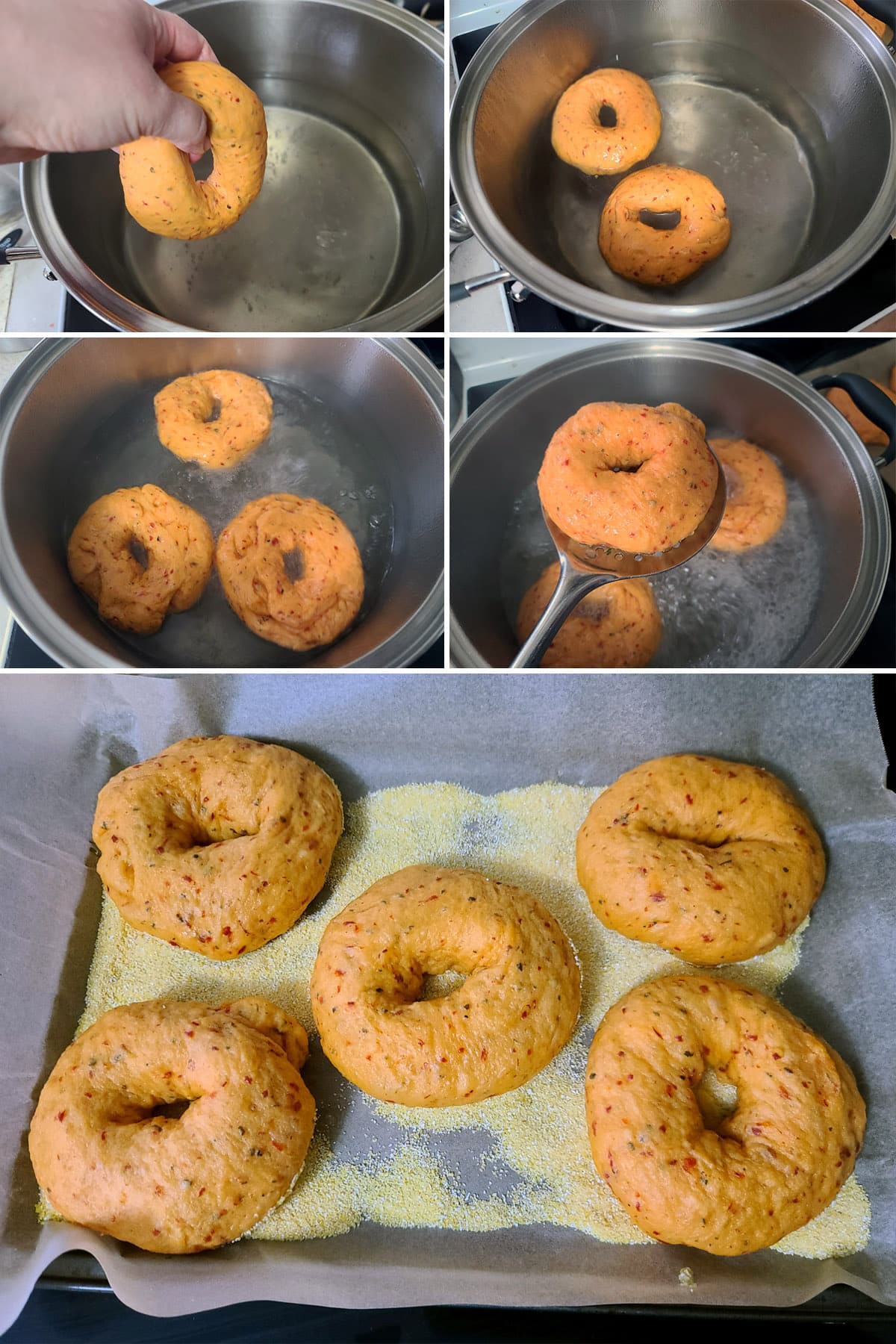 A 5 part image showing bagels boiling in water then being set on the prepared baking pan.