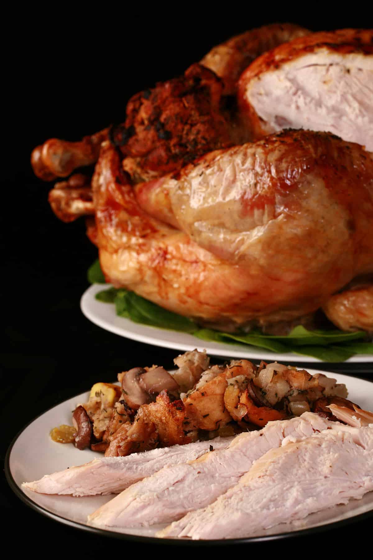 A plate of sliced turkey and stuffing in front of a roasted turkey.
