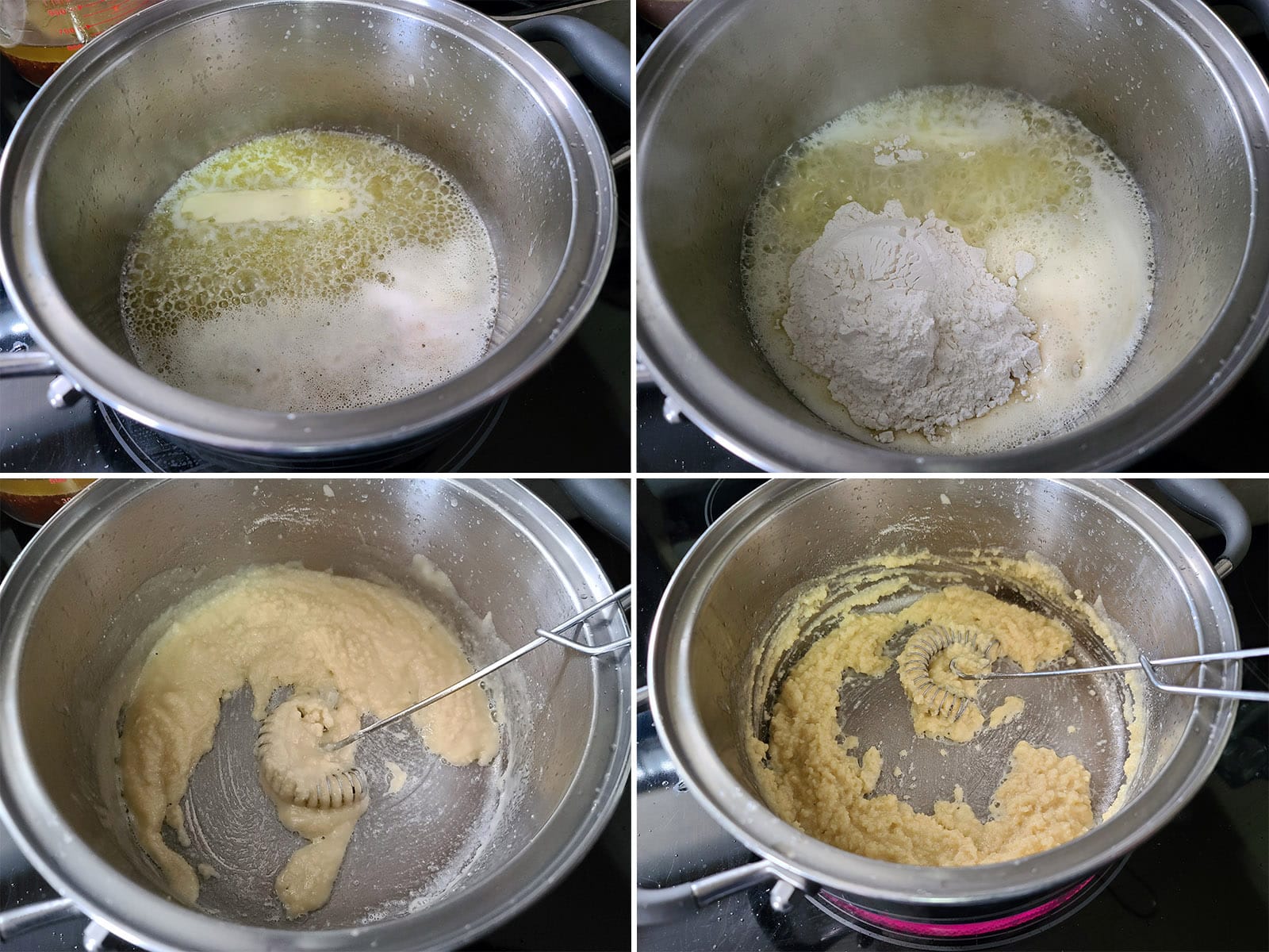 A 4 part image showing the butter being melted in a small pot, flour added, and the flour starting to brown.