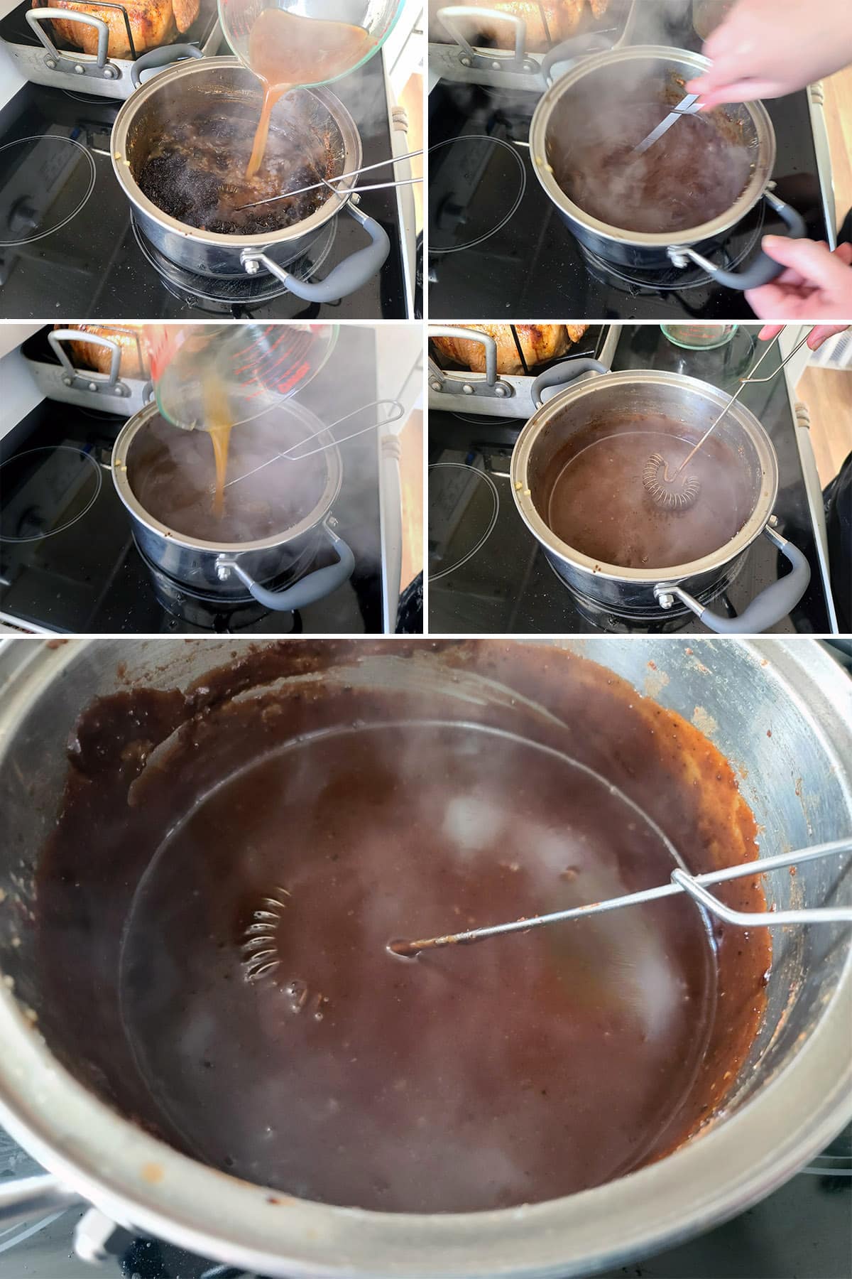 A 5 part image showing more turkey drippings being added and whisked into a thick, smooth turkey gravy.