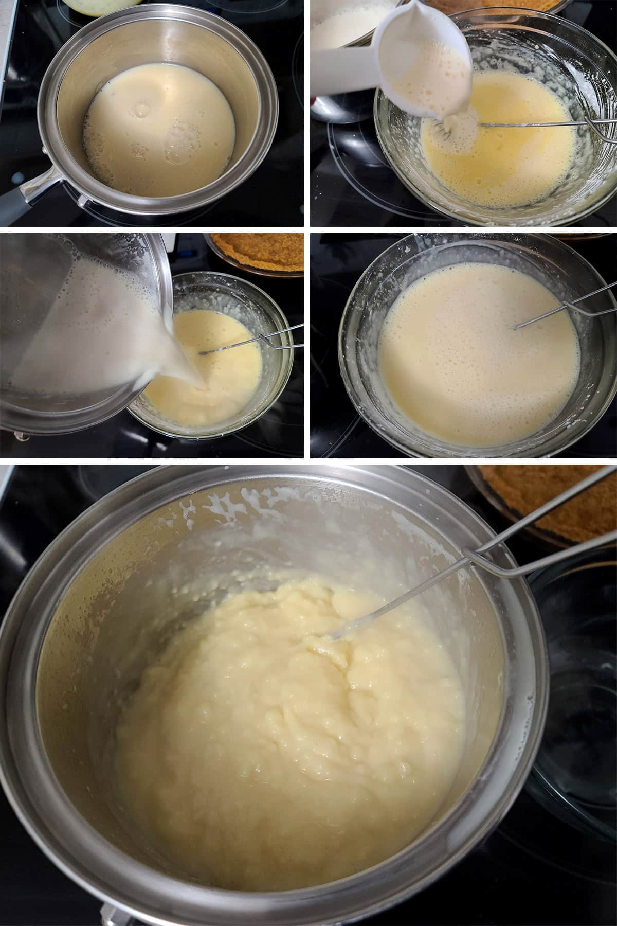 A 5 part image showing the eggnog and milk being simmered, streamed into the bowl of egg mixture, and eventually returned to the pot.