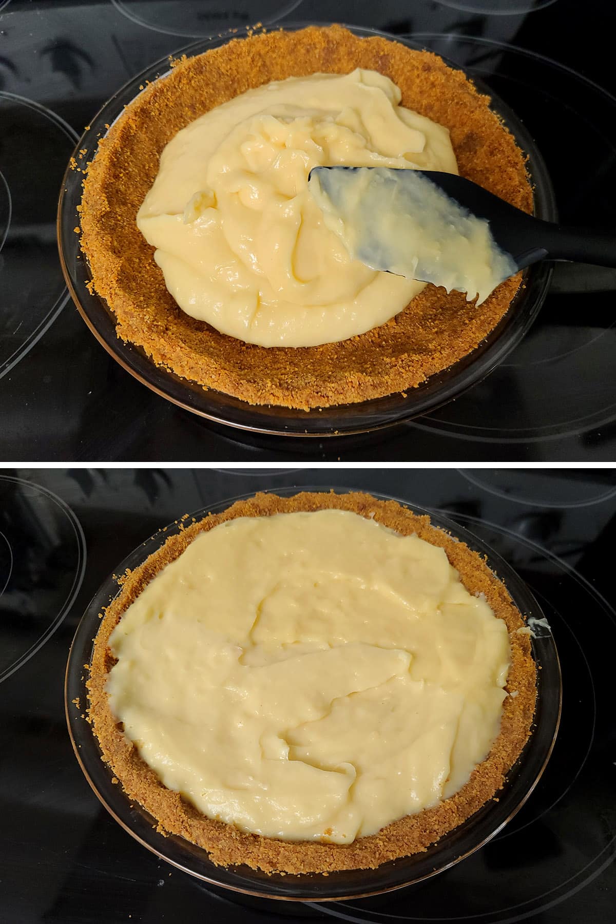 A 2 part image showing the eggnog custard being spread in the prepared pie crust,