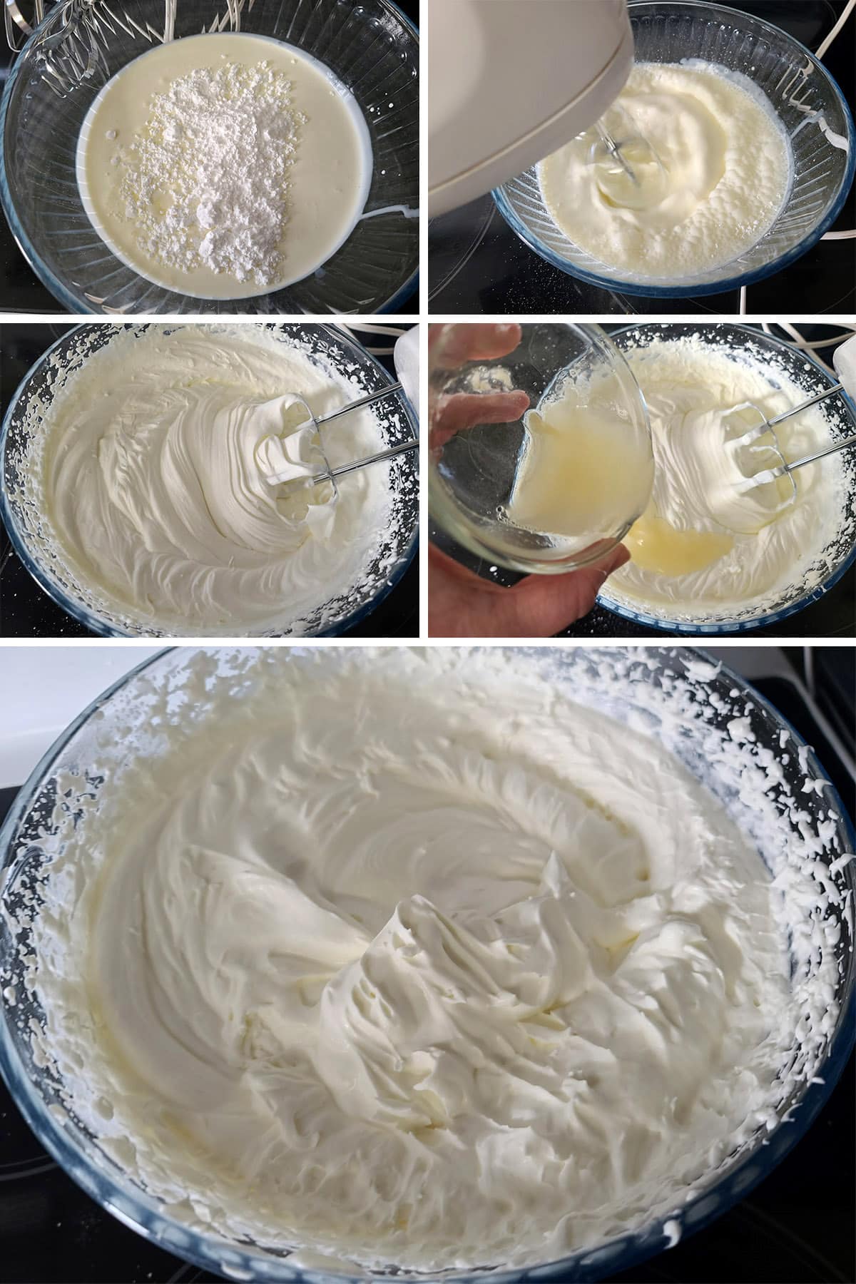 A 5 part image showing the topping ingredients being whisked, the melted gelatine mixture added, and the final whipped topping in a bowl.