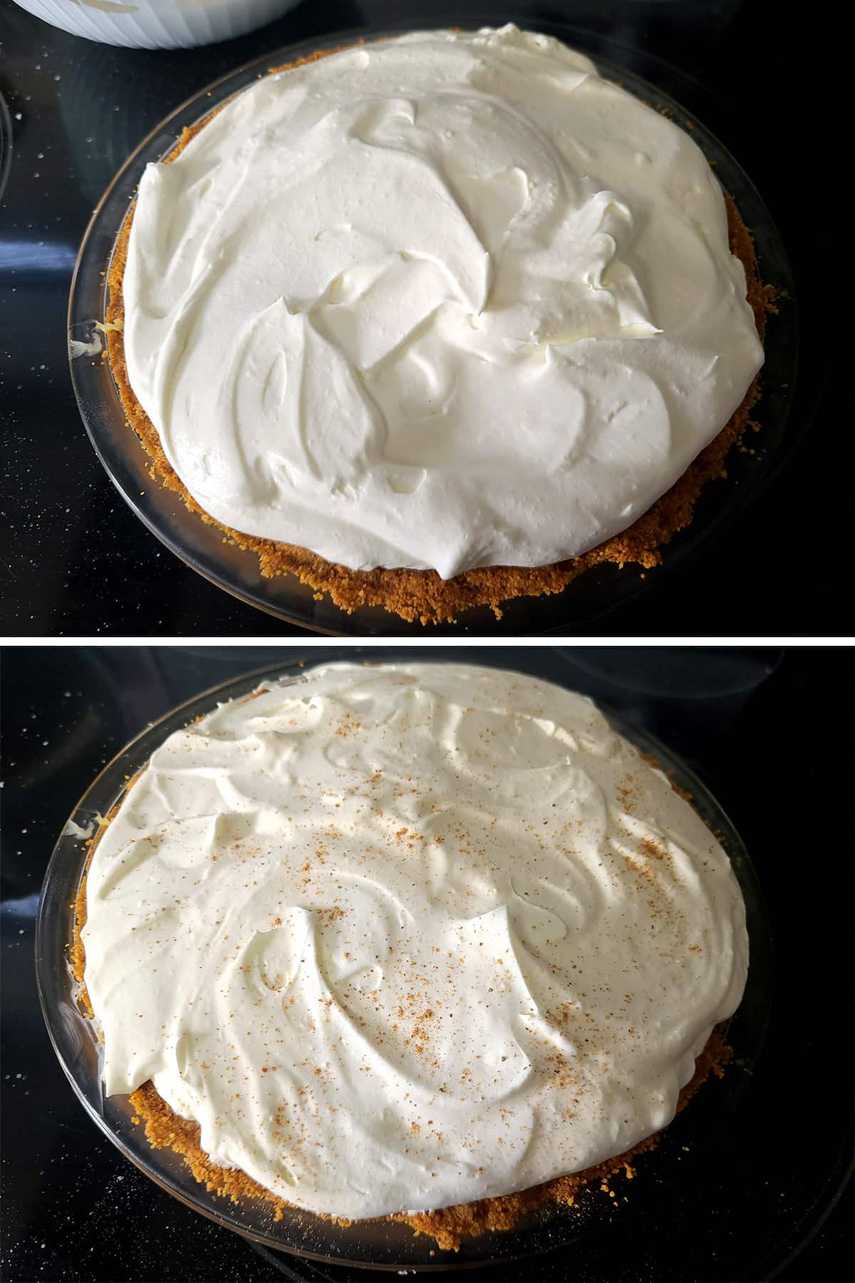 A 2 part image showing the pie topped with the eggnog whipped cream, then sprinkled with nutmeg.