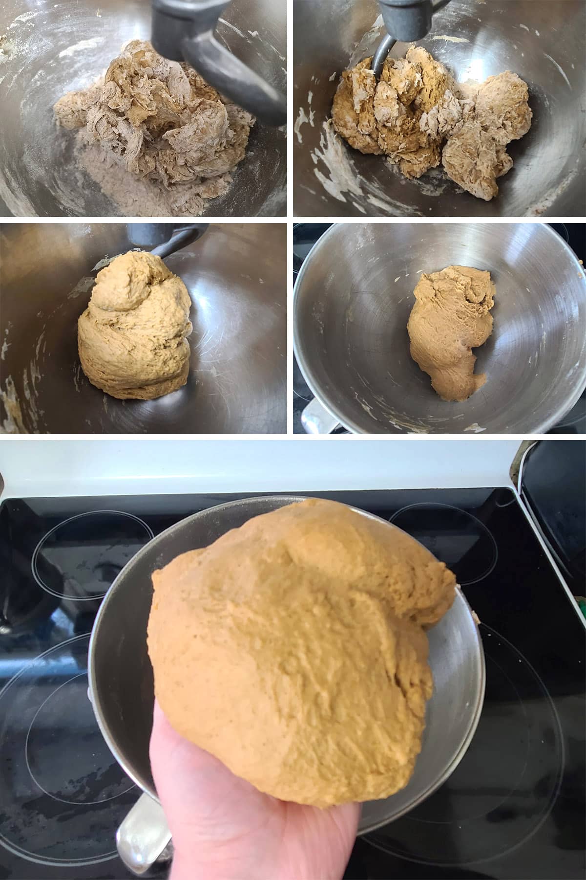 A 5 part image showing the dough at various stages of kneading, ending as a smooth ball.