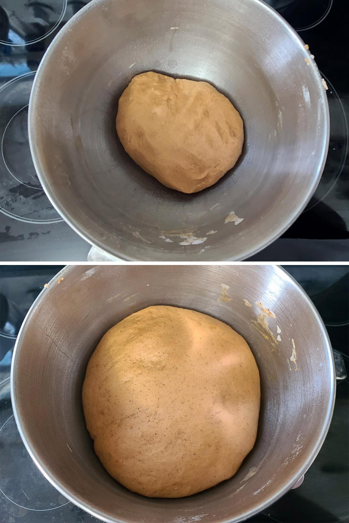 A 2 part image showing the ball of gingerbread dough, before and after doubling in size.
