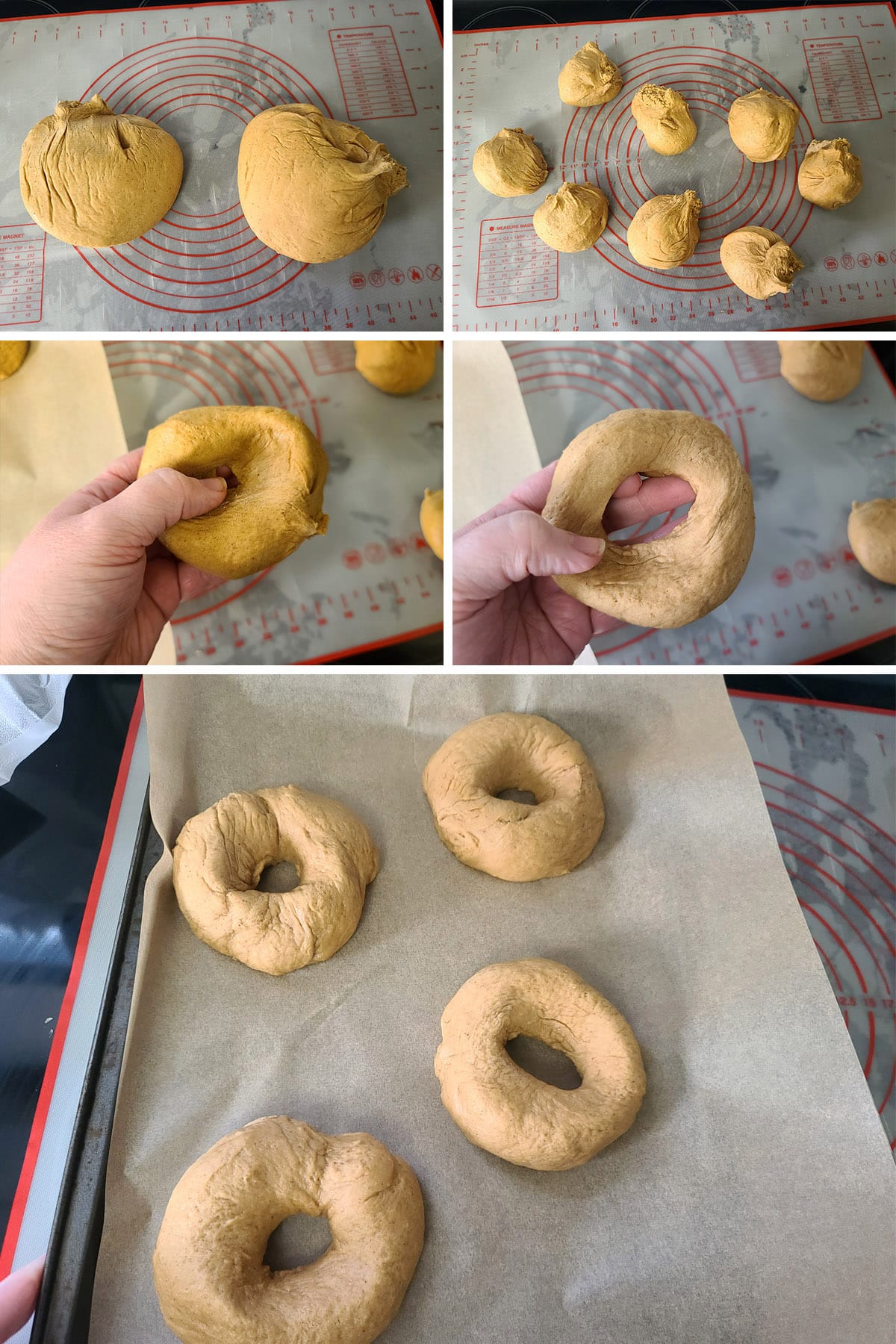 A 5 part image showing the gingerbread dough being divided into 8 pieces, then formed into bagels.