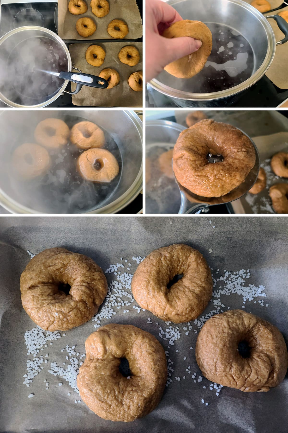 A 5 part image showing the bagels being boiled in molasses water, then set on a parchment lined baking sheet.