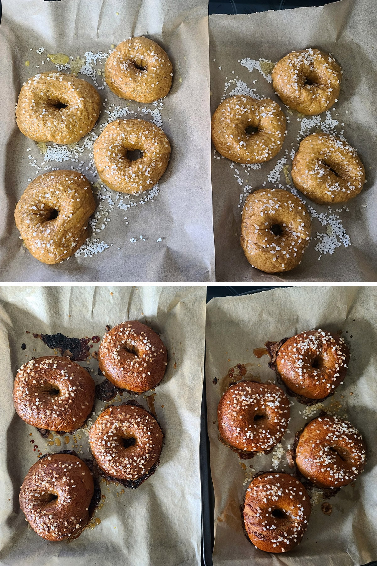 A 2 part image showing 2 trays of gingerbread bagels, before and after baking.