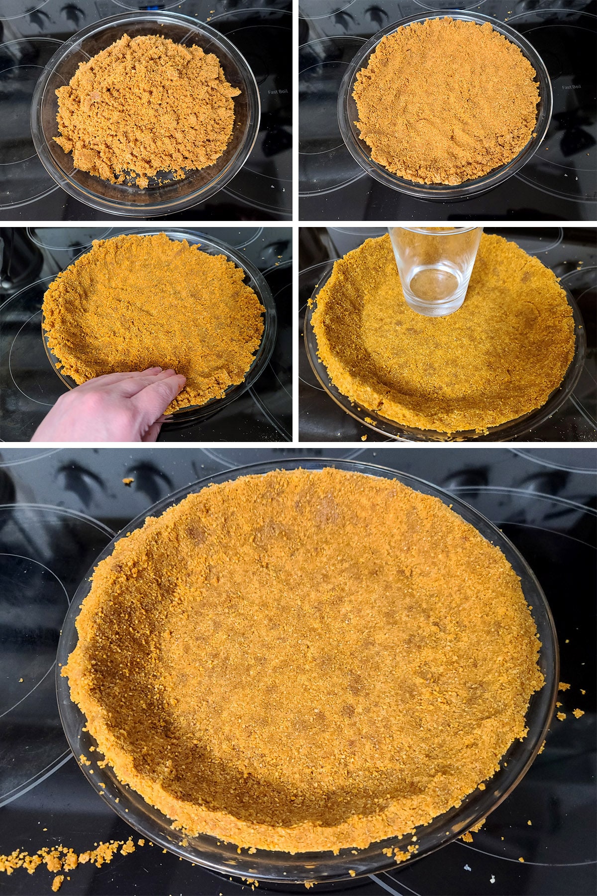 A 5 part image showing the graham cracker crumb crust being spread and pressed into a pie plate to form the crust.