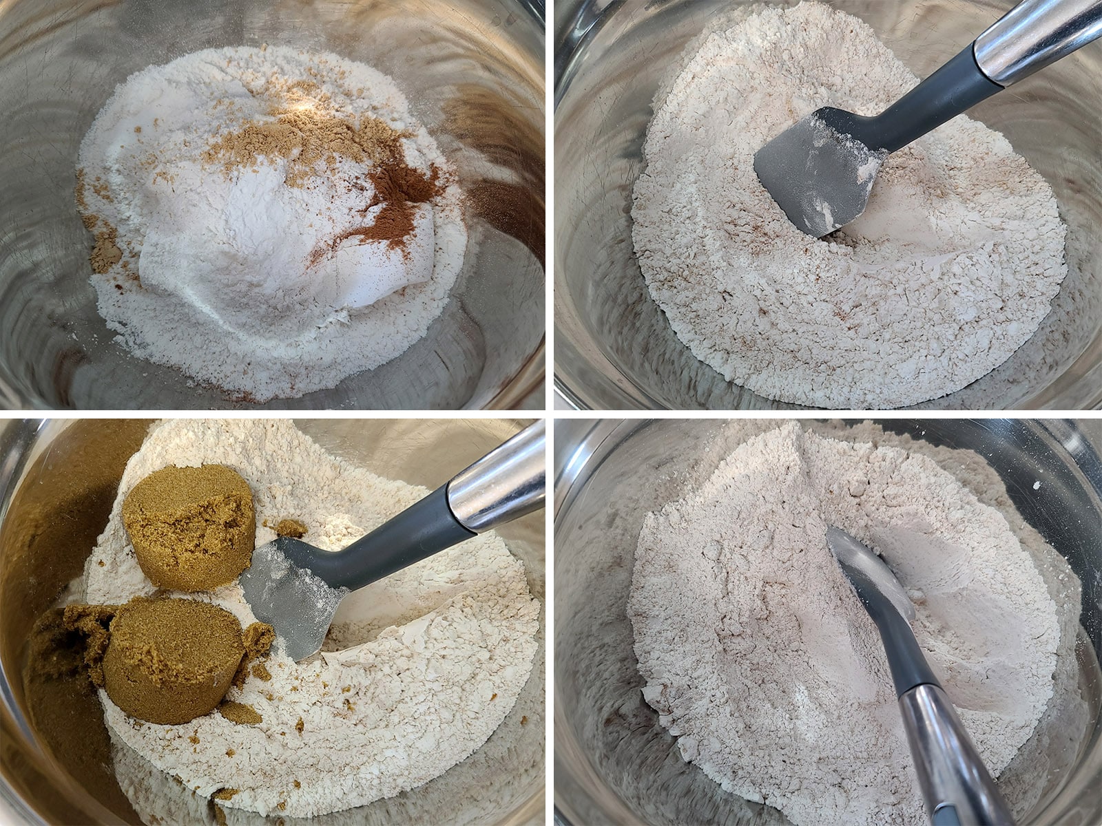 A 4 part image showing the dry ingredients being mixed together.