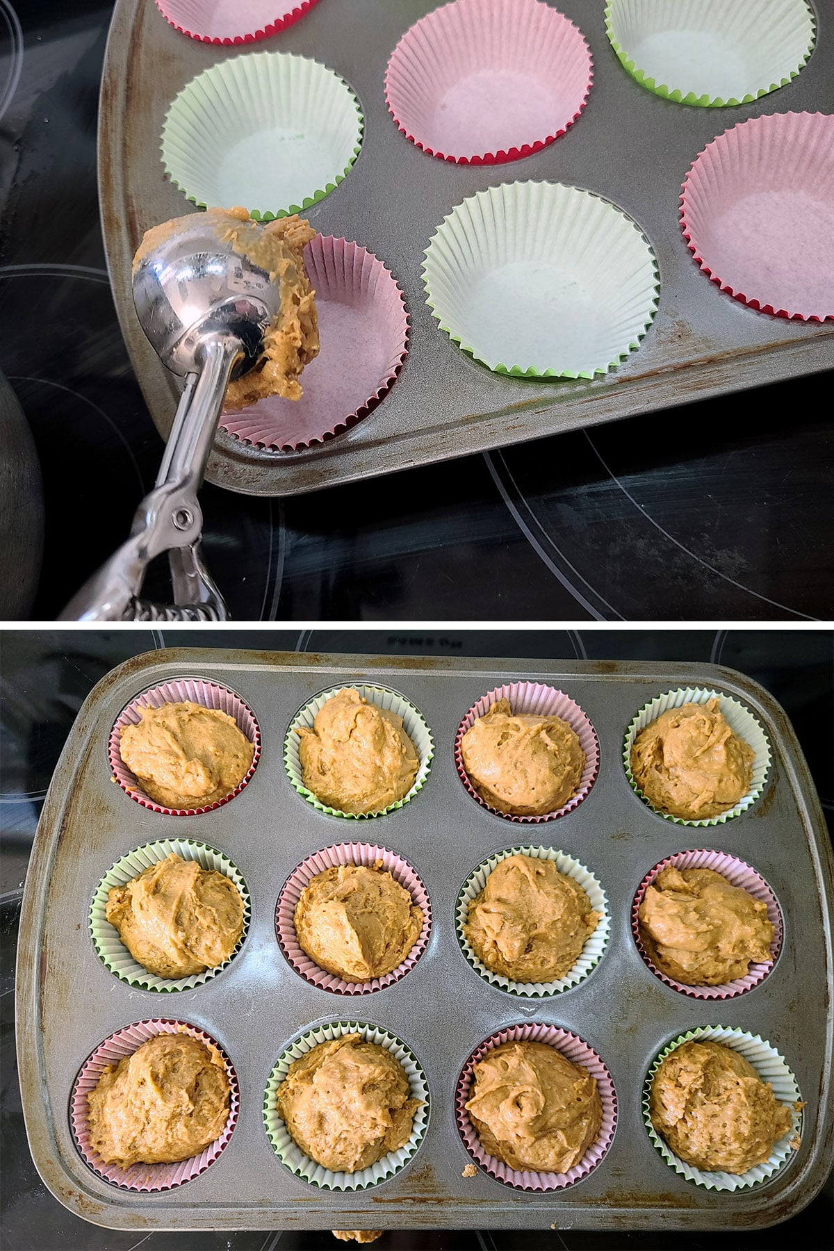 A 2 part image showing an ice cream scoop being used to fill the lined muffin tin.